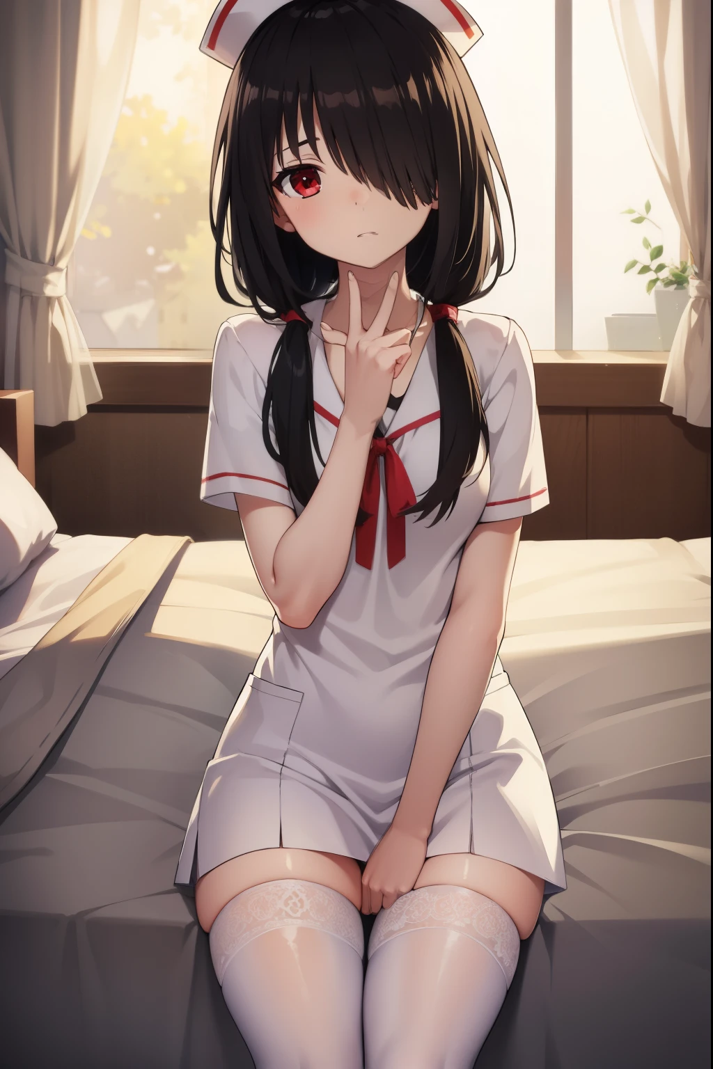 kurumitokisaki, tokisaki kurumi, black hair, low twintails, (hair over one eye:1.5), (red eyes:1.2), (small breast:1.2), BREAK thighhighs, hat, cleavage, white thighhighs, nurse cap, nurse, tokisaki kurumi, BREAK looking at viewer, BREAK indoors, bed, bedroom, BREAK (masterpiece:1.2), best quality, high resolution, unity 8k wallpaper, (illustration:0.8), (beautiful detailed eyes:1.6), extremely detailed face, perfect lighting, extremely detailed CG, (perfect hands, perfect anatomy),