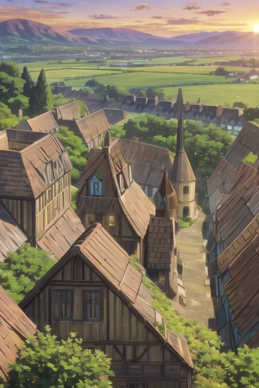 A wide shot of the village during the golden hour, with the sun setting behind the hills, casting warm hues across the rooftops and illuminating the fields.