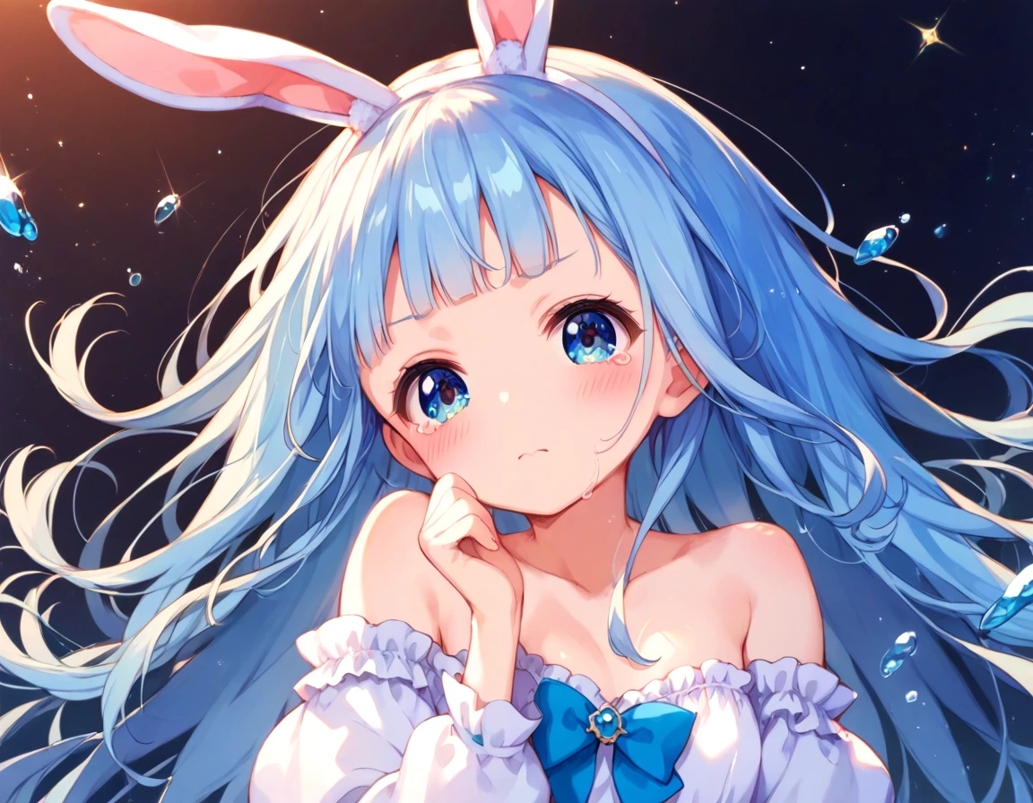 masterpiece, best quality, extremely detailed, (illustration, official art:1.1), 1 girl ,(((( light blue long hair)))), ,(((( light blue long hair)))),light blue hair, , long hair ((blush)) , cute face, big eyes, masterpiece, best quality,(((((a very delicate and beautiful girl))))),Amazing,beautiful detailed eyes,blunt bangs((((little delicate girl)))),tareme(true beautiful:1.2), sense of depth,dynamic angle,,,(((tareme))), (true beautiful:1.2),,(tiny 1girl model:1.2)(flat chest) 、one cute girl, bunny ears, white pajamas, crying and angry