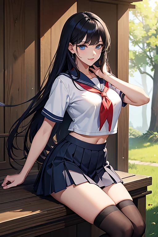 最High image quality, masterpiece, 4K, High image quality,  super high definition, Highest level of detail, CG drawing（ a cool adult seductive woman 、）Hair、Black Hair、It has a glossy finish.。 Hairstyle、Long Hair、 straight（The sideburns are、It is jumping。 長めの前Hair、Take it down、They're all ）（A sexy female swordsman。 It is overflowing with seductive charm.。）He&#39;s quite tall.、Slender、Boobs、Big beautiful breasts。 （Sexually、Attractive body、Sharp、Limbs））Female swordsman with a Japanese sword。
。 （ and 、Sharp Eye、 long lashes）（Blue Eyes。 beautiful eyes、Beautiful Lips。）（Perfect、Beautiful eyes）（To the female swordsman、The elements of girls and girls、Not at all、Mature adult woman）School uniform。 Short-sleeved sailor suit、Belly button。 panties（Glossy、 dark blue super extreme short pleated miniskirt、）、Black socks。

（Deep Forest、Height、In the tall grass、A female swordsman、The attitude of Iai、Is
(The female swordsman、With red cheeks、Angry expression)
 narrow waist、Beautiful shape、 Waistline 、 a toned body 。