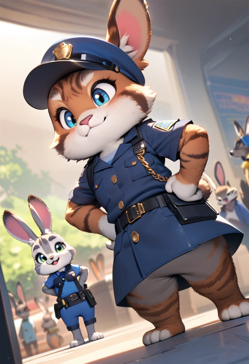 (masterpiece, best quality,ultra highres),(anthro rabbit),A rabbit girl dressed as a police officer.,furry,kemono, ((Judy hopps from "Zootopia")),cute,pose,dynamic angle,