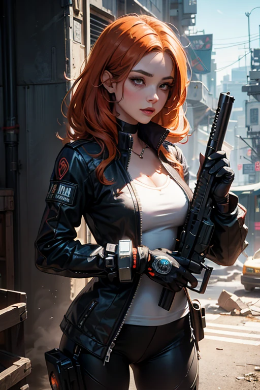  women holding guns and guns Machines ,  cyberpunk art inspired by Rosco, Art Station, Fantasy art, high detail digital art 4K,  Carol is behind ,  beautiful digital art , 2.5d cgi anime Fantasy art, Amazing character art,  cyberbulkyrie female , 4K digital art detail, voytec fuzz, 
1 woman, (orange_hair:1.1), ( It's , county, intricate, en intricate:0.6), (Fractal art),  The most beautiful and chaotic patterns ,  Brutal design , ( best quality,4K,8k,height, Masterpiece :1.2), detailed details ,(It is true,photoIt is true,photo-It is true:1.37)conjunctivitis, glows out of her eyes 