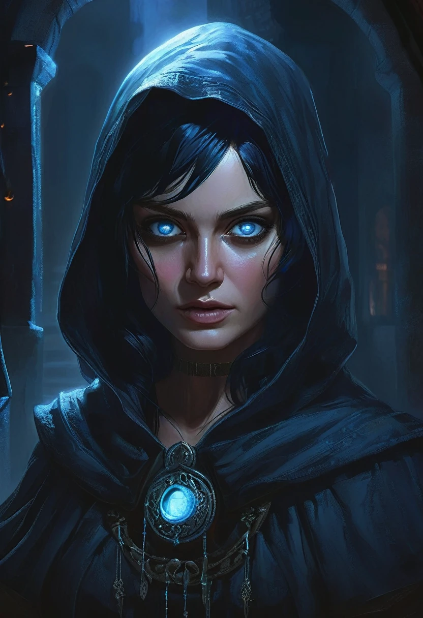  A woman in a dark hood with intricate details, lights, Blue eyes,  black hair , looking at someone behind the scenes , Middle Ages