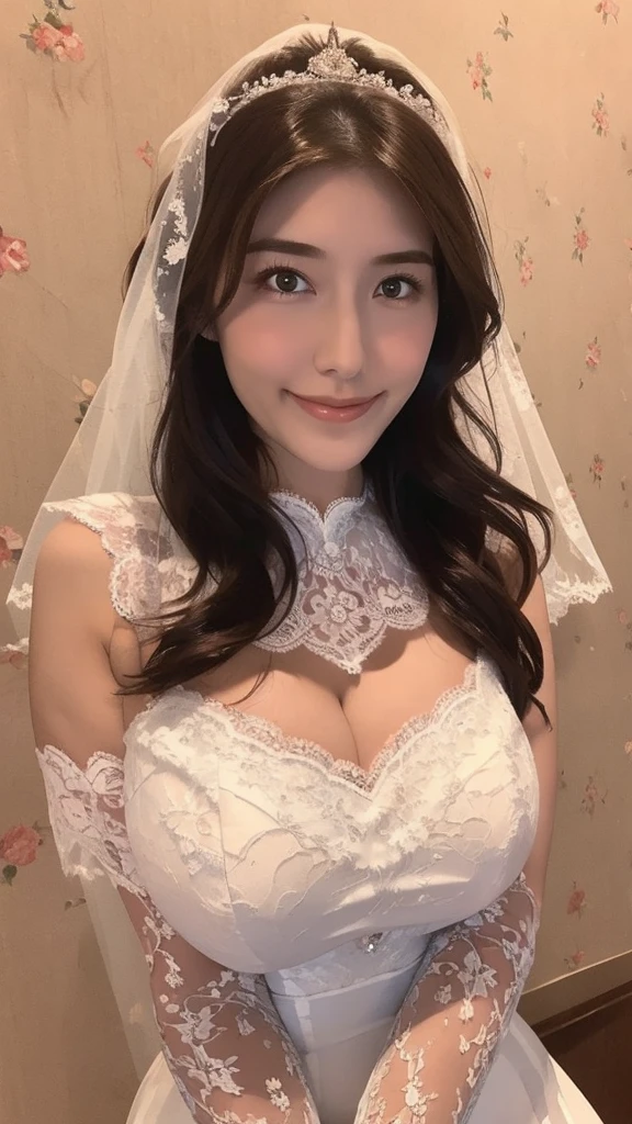 High image quality, masterpiece, 1girl,milf,Beautiful Face,Kind Face,Large Breasts,Beautiful breasts, thighs plump ， perfect bodies ,Perfect Legs,Long and beautiful legs,( wedding dress),Delicate lace , lace veil ,Wavy Hair,Lace neck top,(Lace gloves:1.3),smile, Brown Hair,Healthy Skin, realistic skin texture,Beautiful Skin, Portrait, garden full of roses,whole body