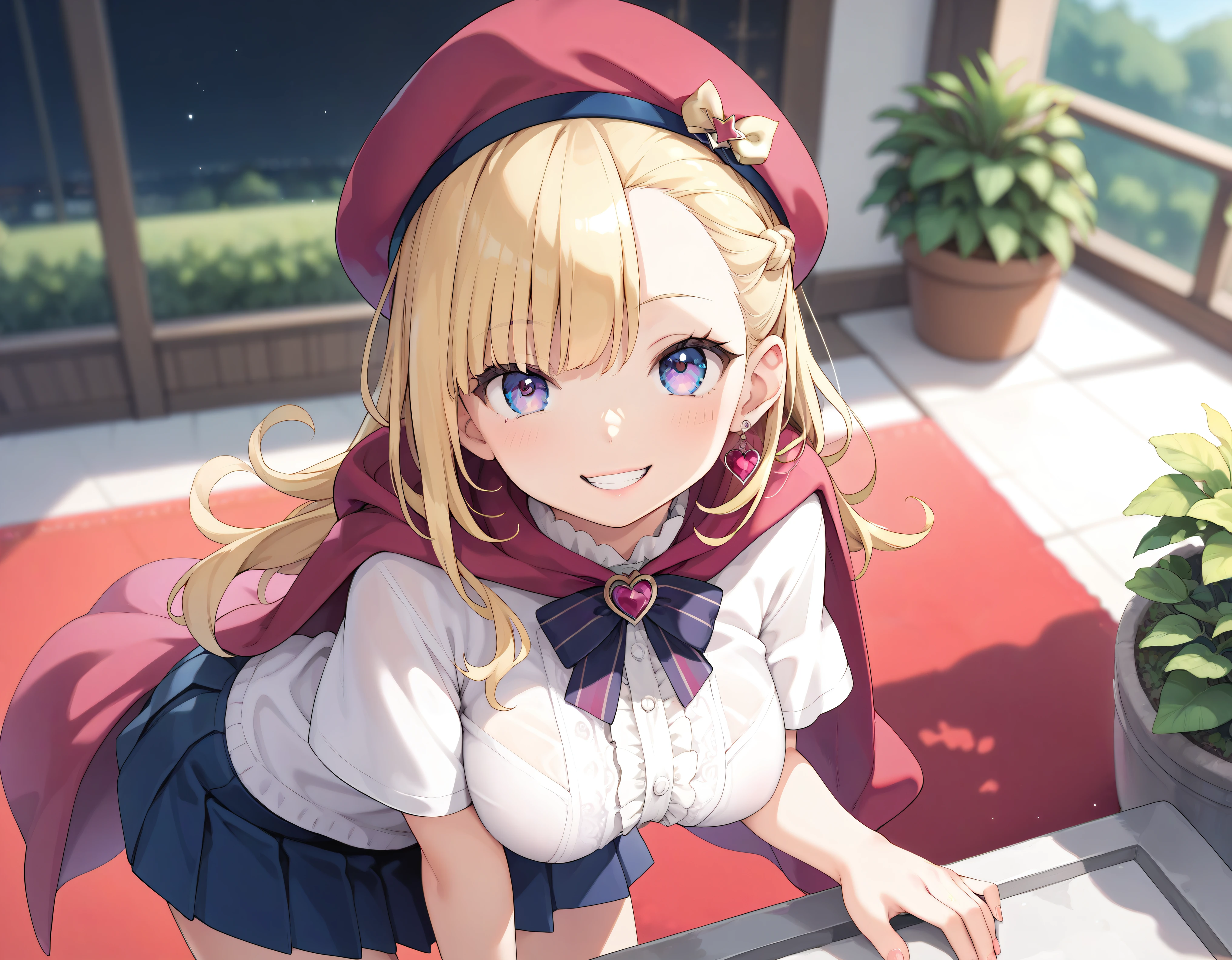 ((Ultra HD)), ((Super detailed)), ((Best Quality)), Blonde long hair, Asymmetrical bangs, KAWAII, happy smile, Big Breasts, breasts focus, Beret, Pleated mini skirt with lace, White Wizard, (baggy cloak), looking at viewer, from above, (leaning forward:1.2), on grassland, (((Complete Hand))), amazing digital painting, ((depth of field, blurred background)), (anime moe art style),