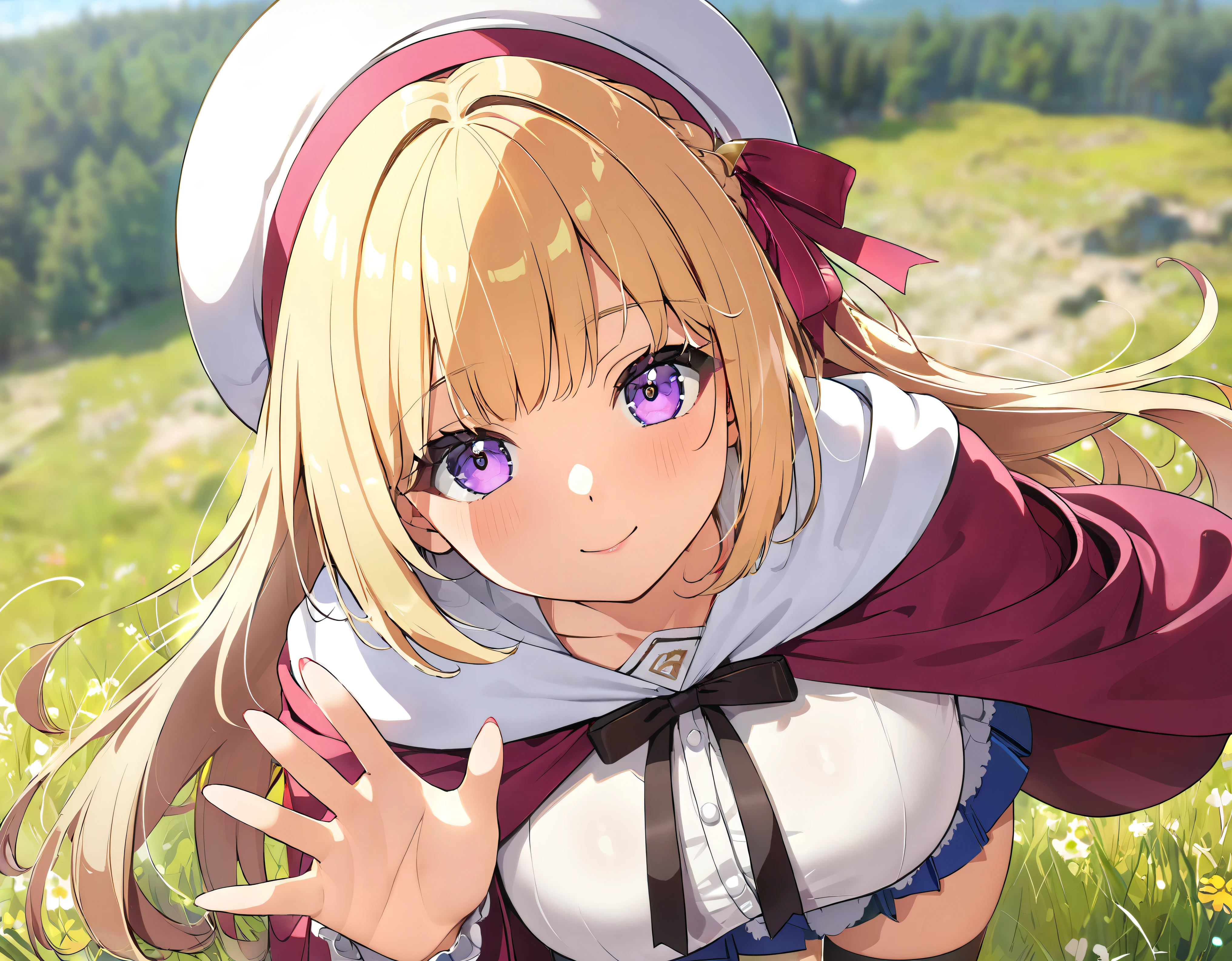 ((Ultra HD)), ((Super detailed)), ((Best Quality)), Blonde long hair, Asymmetrical bangs, KAWAII, happy smile, Big Breasts, breasts focus, Beret, Pleated mini skirt with lace, White Wizard, (baggy cloak), looking at viewer, from above, (leaning forward:1.2), on grassland, (((Complete Hand))), amazing digital painting, ((depth of field, blurred background)), (anime moe art style),