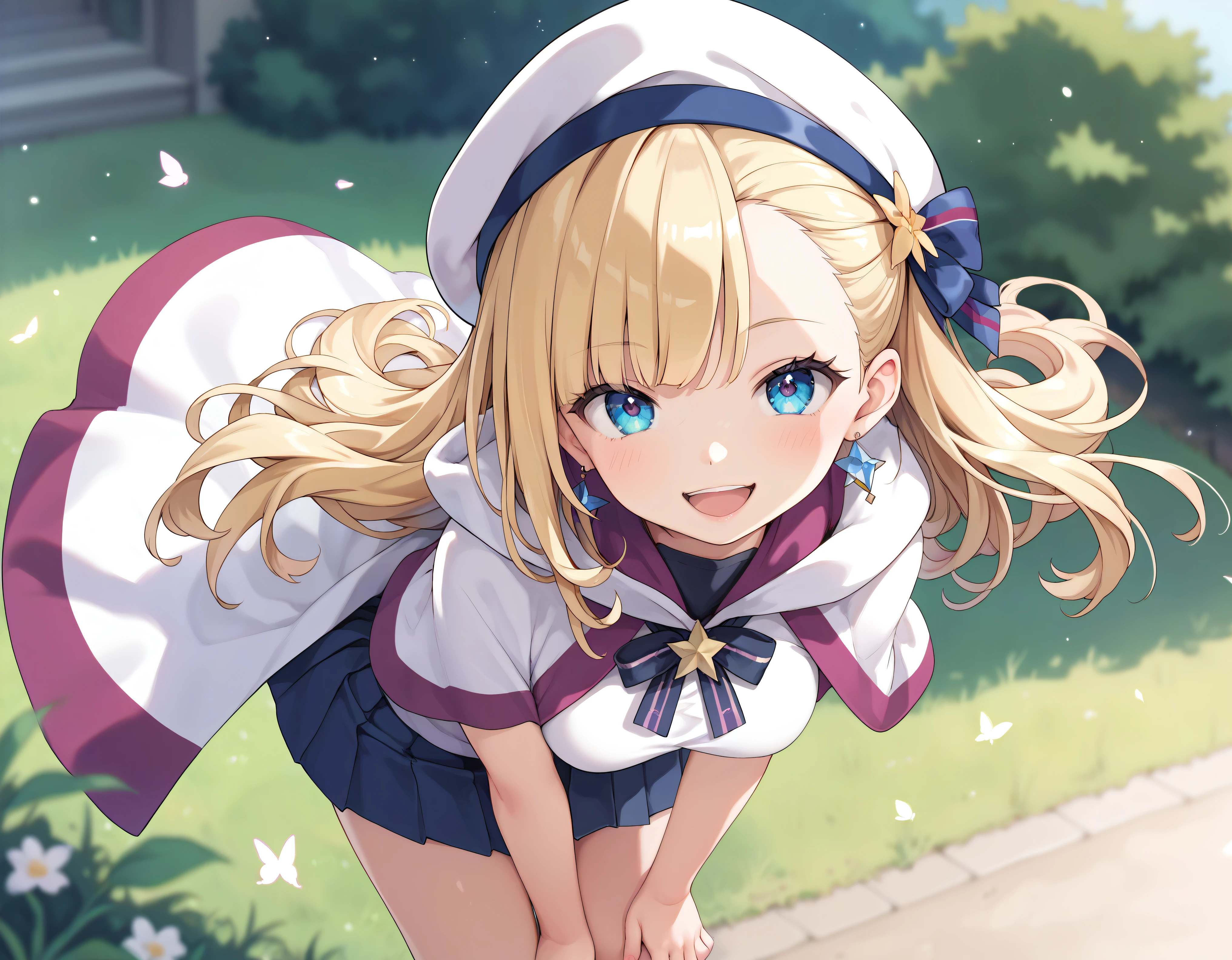 ((Ultra HD)), ((Super detailed)), ((Best Quality)), Blonde long hair, Asymmetrical bangs, KAWAII, happy smile, Big Breasts, breasts focus, Beret, Pleated mini skirt with lace, Wizard, White Wizard, (baggy cloak), looking at viewer, from above, (leaning forward:1.2), on grassland, (((Complete Hand))), amazing digital painting, ((depth of field, blurred background)), (anime moe art style),