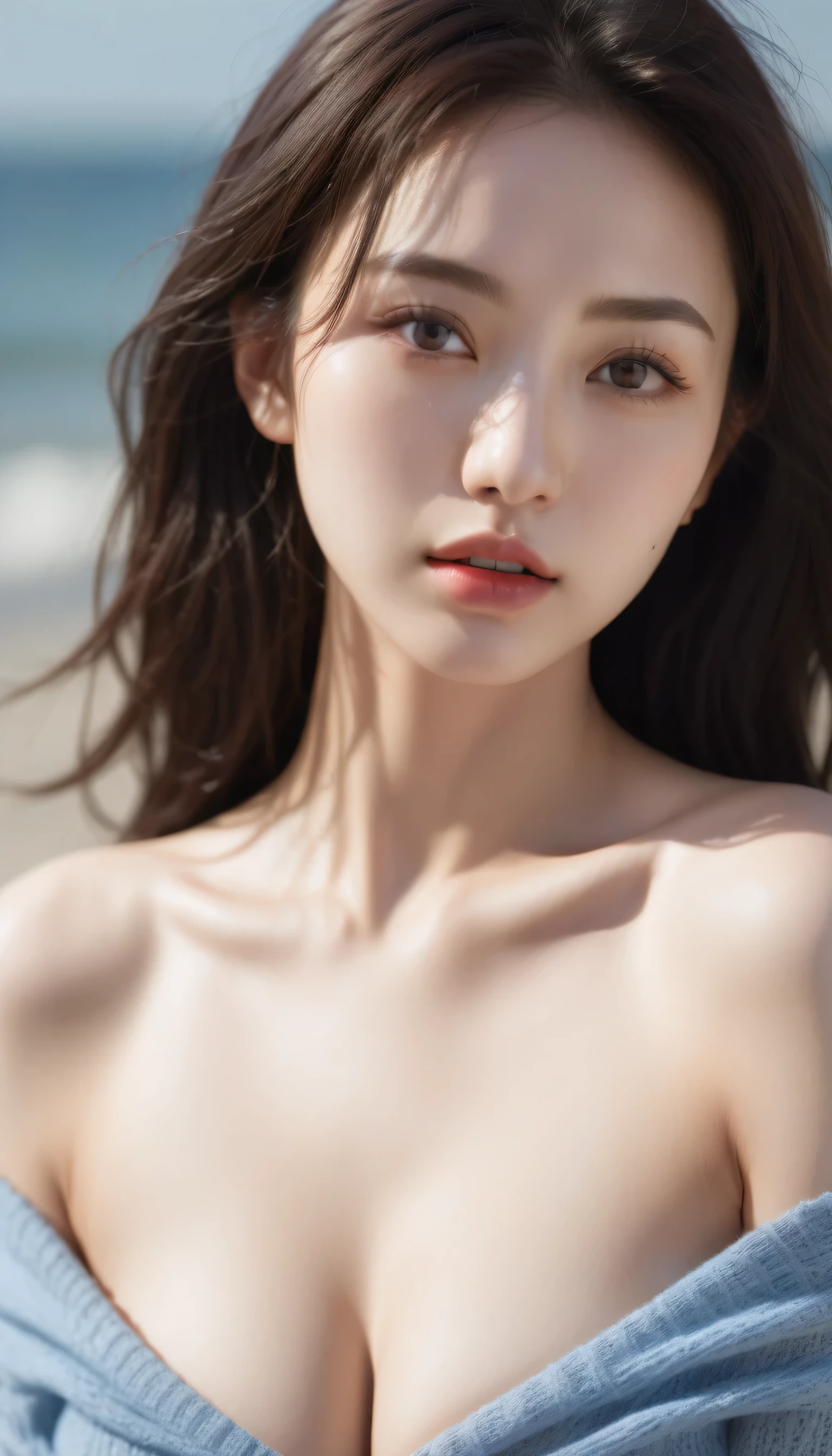 masutepiece, Best Quality, Ultra-detailed, finely detail, hight resolution,girl with１, asian human、White skin、peaceful smile,Hair Nude、double eye guay、Nasal muscle、Beautie、Ultra-detailed細, 、length hair、Black hair、Detailed chest、Sunny Beach,Cobalt Blue Sea、Realistic、Photorealsitic、boldness、Invite gaze、(Mood up the body line:1.1)、(Improve skin texture:1.1)NSFW, (Exposed breasts:1.3),Detailed nipples、small areola、pale nipples、areola of light pink color,