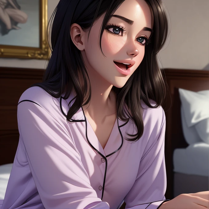 best quality, masterpiece, ultra high res, 8K, raw, (photo realistic:1.4), physically-based rendering, depth of field, looking at viewers, slender, (sitting:1.1), in the bed room, detailed beautiful face, 1 girl, cute, young, nose blush, big black eyes, open mouth, tiny breasts, black hair, detailed clothes, (pajamas:1.3), no shoes ,pureerosface_v1,