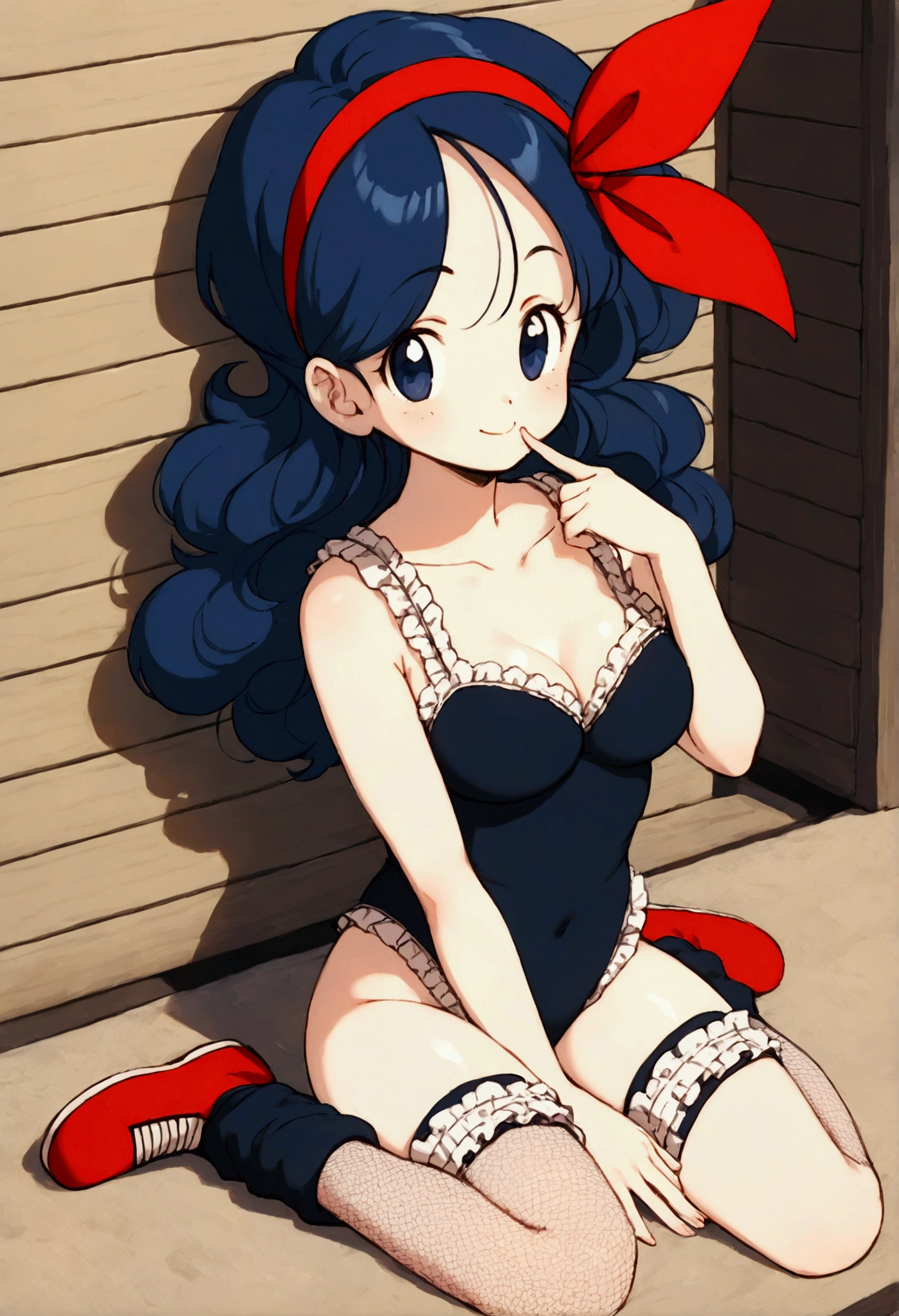 score_9, score_8_up, score_7_up,score_6, score_5, score_4,BREAK , from above,from side,(breast focus:1.5),front view.standing,straight-on,(upperbody:1),looking_at_viewer ,1girl, launch good, blue eyes, blue hair, long hair, curly hair, ribbon, red hairband, frills, black leotard, frilled leotard , barehands, black legwear, red footwear, collarbone, bare shoulders,tareme, midriff ,large_breasts,(light smile),wink,Curvy waist ,Solo,,(midnight and beachside and city), leaning forward, press breasts together, anime style, key visual, vibrant, studio anime,highly detailed,masterpiece, best quality,
best aestethic, absurdres,cinematic lighting,(cell anime)