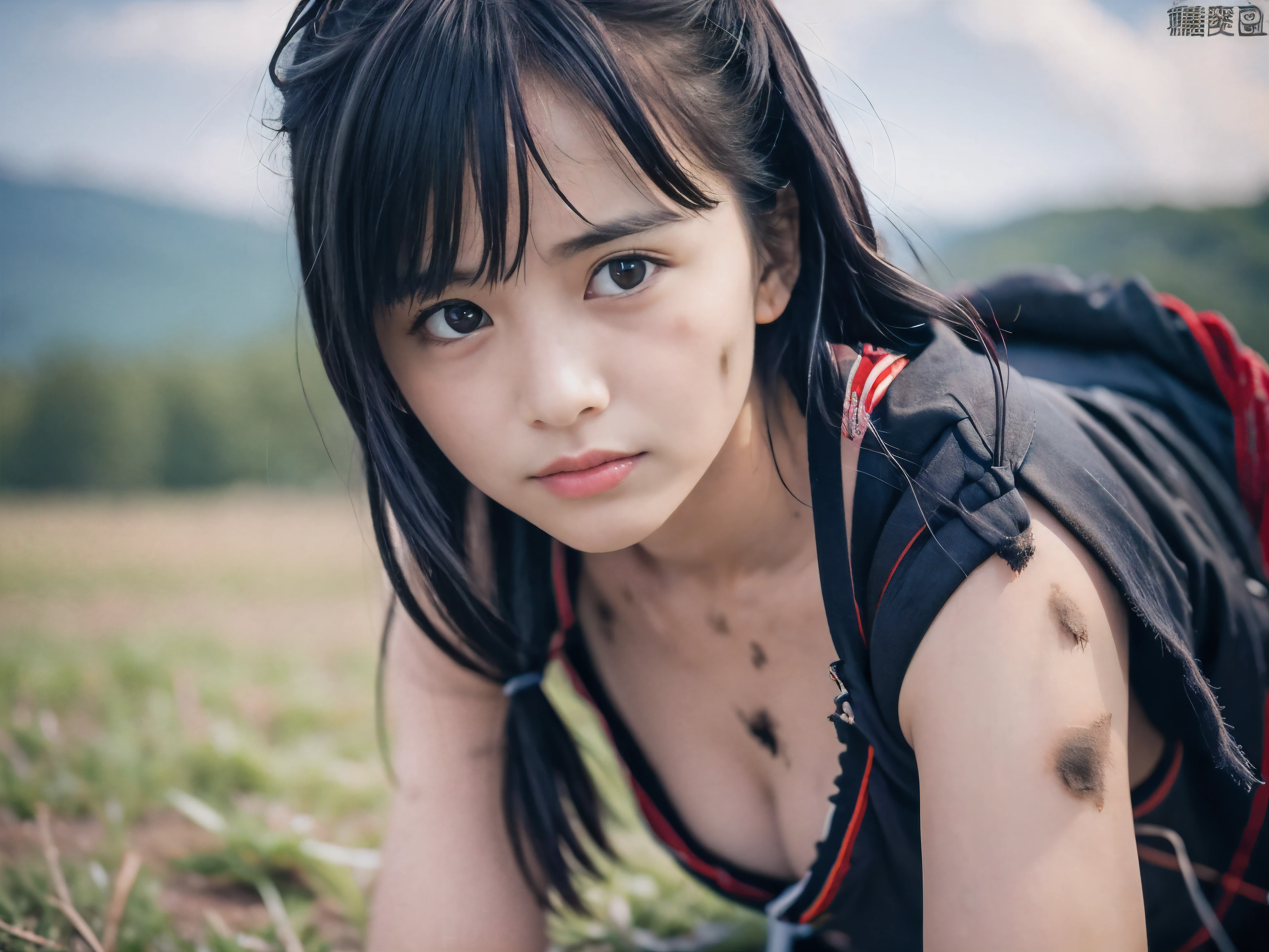 (Close up low angle shot of one naked slender small breasts two side up black medium hair with bangs girl in a samurai black armor:1.5)、(One naked girl is lying with her back behind on the grassland at the Sengoku period in Japan with crying dirty face:1.5)、(Big fire and smoke on the grassland:1.5)、(blurred background:1.5)、(Natural light:1.5)、(8k ultra detailed master piece:1.5)、(perfect anatomy:1.5)、(Photorealistic stick:1.5)、(Raw photo:1.3)、(highest quality:1.5)、(High resolution:1.3)、(Delicate and beautiful perfect face:1.3)、(Delicate and beautiful eye air skin:1.3)、(Real Human Skin:1.3)、((thin legs))