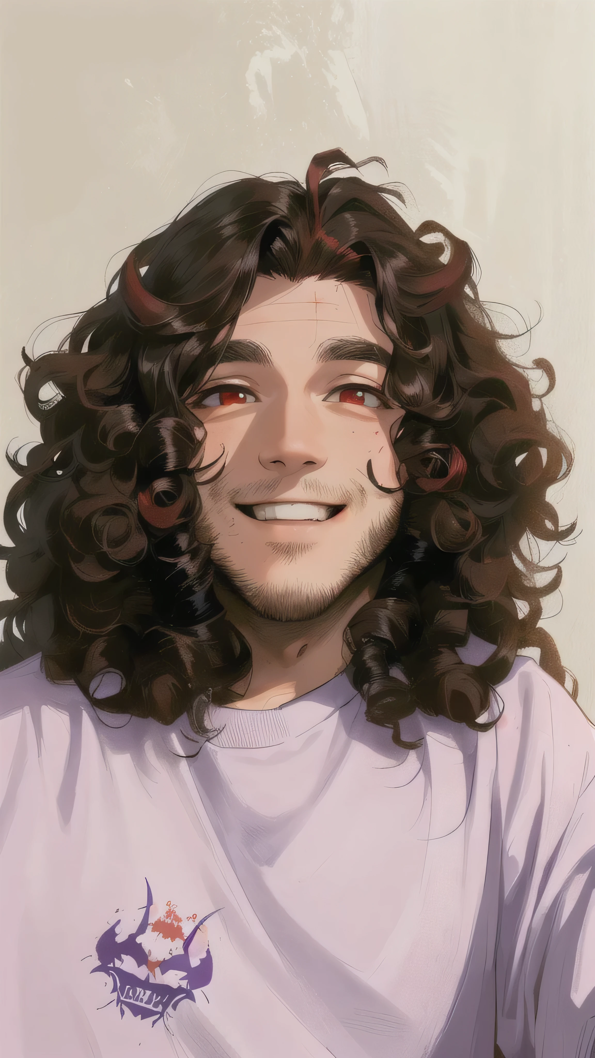 Demon man with red skin, long red horns on top of his head, arafed man with long curly hair and a purple shirt smiling, half-body headshot, twitch streamer/gamer Ludwig, headshot profile picture, curls on top of his head, his hair is messy and unkempt, messy curly hair, with long curly hair, with no beard, 1 / 2 headshot, 1 / 4 headshot, around 1, slightly smiling