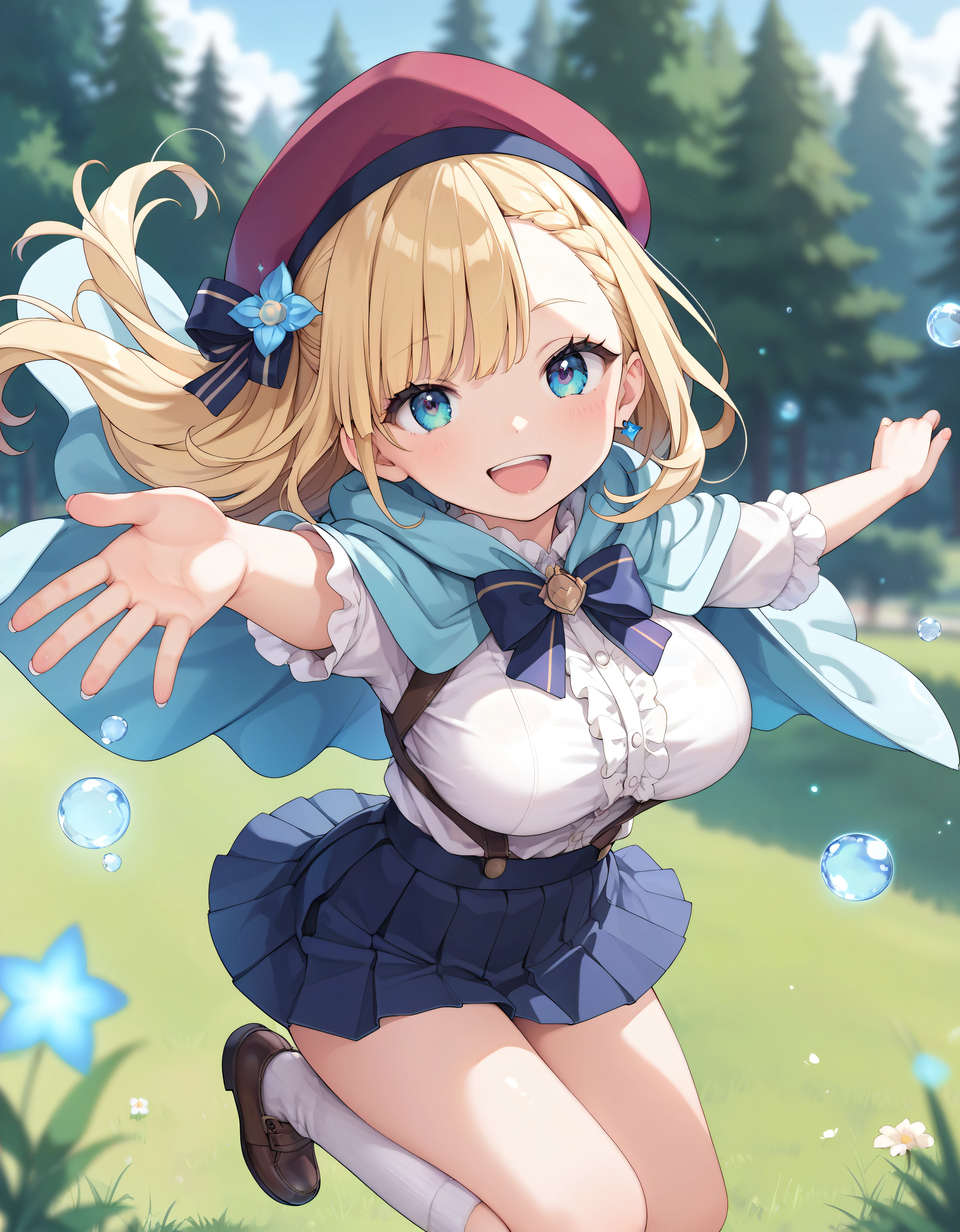 ((Ultra HD)), ((Super detailed)), ((Best Quality)), Blonde long hair, Asymmetrical bangs, KAWAII, happy smile, Big Breasts, breasts focus, Beret, Pleated mini skirt with lace, Wizard, White Wizard, (baggy cloak), jumping, on grassland, (((Complete Hand))), amazing digital painting, ((depth of field, blurred background)), (anime moe art style),