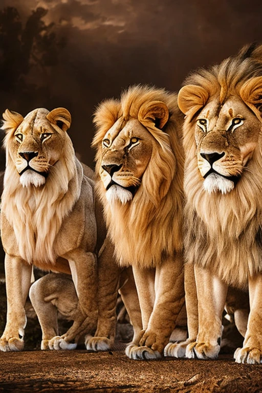 3 muscular lions wearing thick diapers, detailed fur texture, hyper realistic, lifelike, photorealistic, 4k, high resolution, extremely detailed, intricate details, dynamic poses, dramatic lighting, rich colors, vibrant, cinematic, masterpiece, award-winning digital art