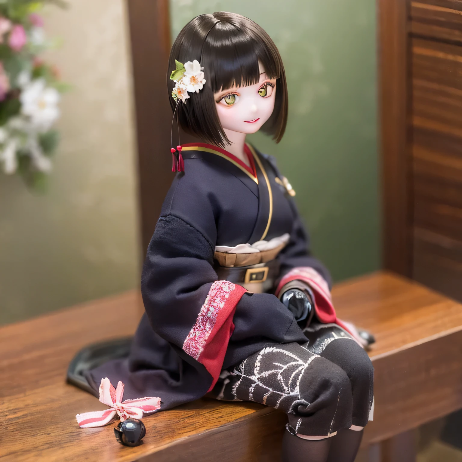 (Best Quality, high res,masterpiece:1.2),  very detailed,Realistic,(Me in a kimono,  BEAUTIFUL DETAILS  ,Beautiful lips details,  very detailed目と顔,Long eyelashes),Japanese Tradition,geisha,hairpin,Delicate embroidery,Floral,Sleeves flow,Harmonious colors,Soft lighting、Smiling face with a fan、Bobcut、  Black Hair  、(((High wooden clogs)))