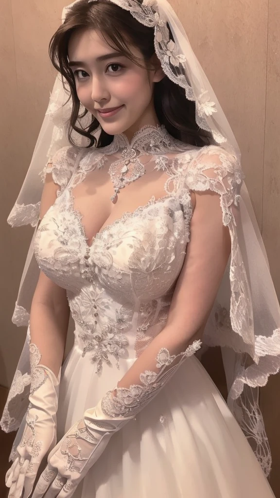 High image quality, masterpiece, 1girl,Adult women,Beautiful Face,Kind Face,Large Breasts,Beautiful breasts， perfect bodies ,Perfect Legs,Long and beautiful legs,( wedding dress), Delicate Lace , lace veil ,Wavy Hair,Lace neck top,(Lace gloves:1.3),smile, Brown Hair,Healthy Skin, realistic skin texture,Beautiful Skin, Portrait,Rose Garden,(Angle that captures the whole body)