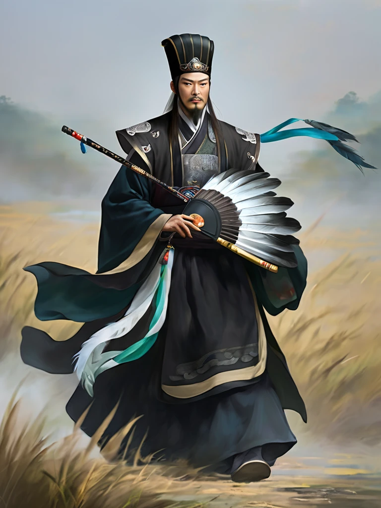 figure, masterpiece, Man with a feather fan、 Black Hanfu, Fabric hat,  Full Shot, On the battlefield 