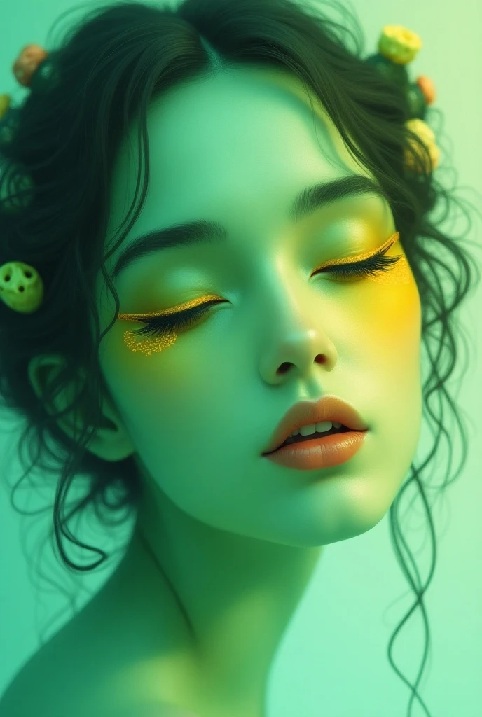 a face with eyes closed and painted with shades of gradient colors in green tones with a wavy yellow eyeliner, lips painted in subtle yellow and loose hair with curlers