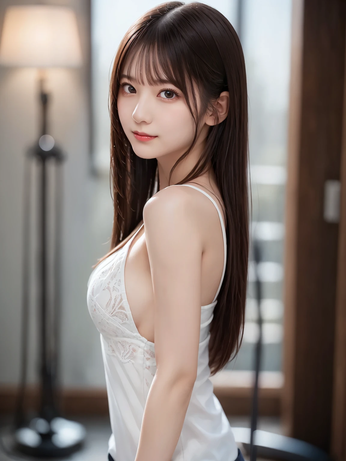 White Shirt、Complex and beautiful eyes, woman, (stand up : 2.0)、Womanly black hair、(Delicate and realistic hair、1 bottle１Realistic hair)、bangs, Natural Color Lip、(Smile : 1.1)、(White indoor : 1.4)、((18歳woman:1.2))、Young and adorable Japanese face, Official Art, Highly detailed CG Unity 8k wallpaper，（masterpiece:1.0),(Best Quality:1.0), 超High resolution,4K,Very detailed, photo shoot, 8k, nsfw, High resolution, Kodak Portrait 400, Film Grain, Lens flare glow, 高いest quality, 8k ,Portrait Shot, 8k、Show Viewer,  (Front View : 1.5), ((Facing))、Body facing forward, Bold cleavage, Firm breasts, Small face, Highest quality, Super beautiful images, yellow race, (upper body : 2.0), (Medium firm breasts : 1.1)