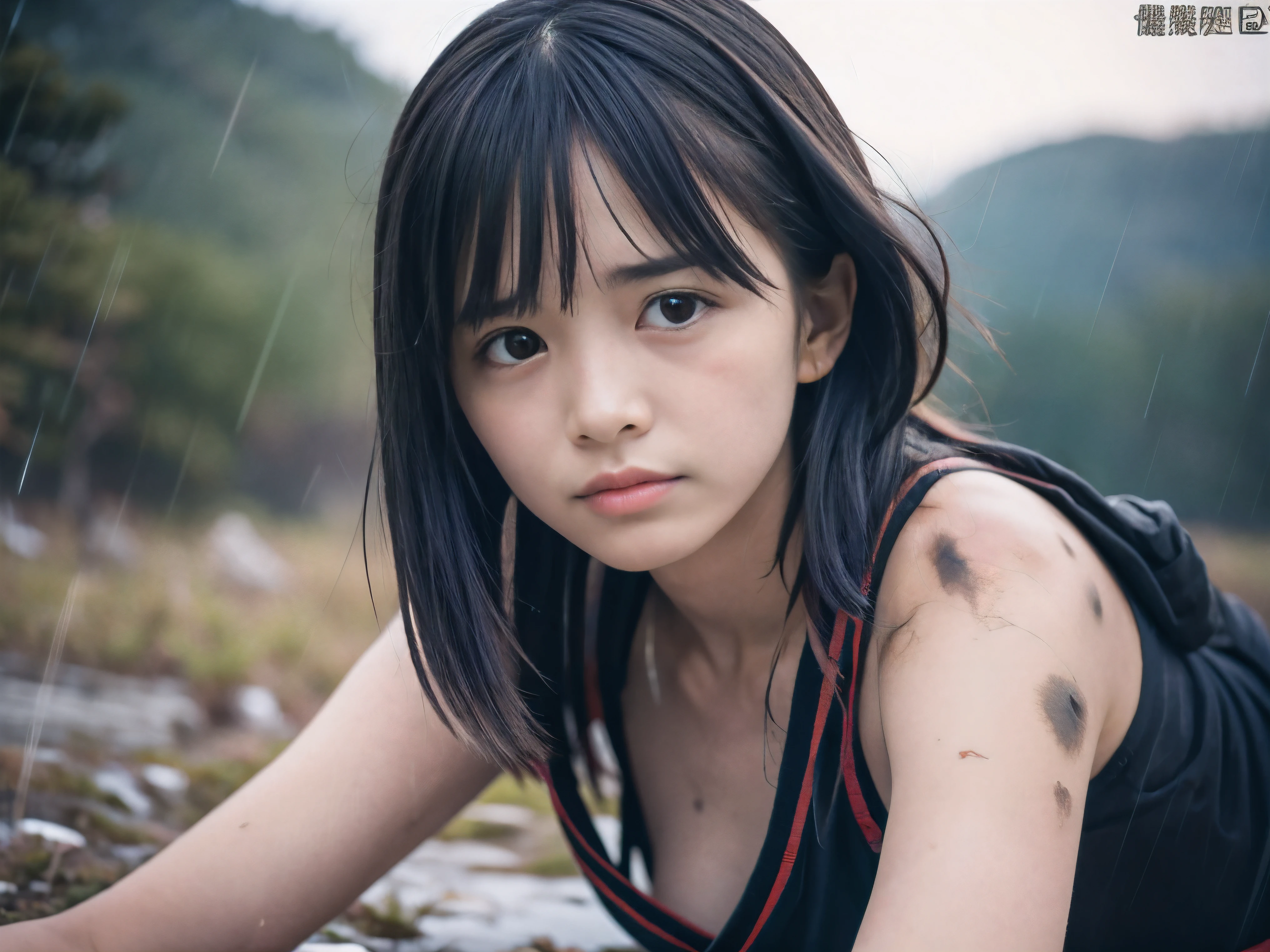 (Close up low angle shot of one naked slender small breasts two side up black medium hair with bangs girl in a samurai black armor:1.5)、(One naked girl is lying with her back behind on the wilderness land at the Sengoku period in Japan with crying dirty face:1.5)、(Heavy raining wilderness land:1.5)、(blurred background:1.5)、(Natural light:1.5)、(8k ultra detailed master piece:1.5)、(perfect anatomy:1.5)、(Photorealistic stick:1.5)、(Raw photo:1.3)、(highest quality:1.5)、(High resolution:1.3)、(Delicate and beautiful perfect face:1.3)、(Delicate and beautiful eye air skin:1.3)、(Real Human Skin:1.3)、((thin legs))