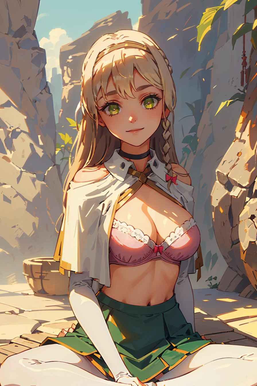 flat chests, nsfw, masterpiece, 1 girl, erect nipples, intricately detailed, topless, navel, bare shoulders, necklace, blonde hair, embarrassed, scottish skirt, leather belt, mountainous horizon, mountains, lake, blue sky, extremely detailed, photorealistic, octane render, 8 k, unreal engine, bare breasts, nipples, aqua eyes, carrying spear, bare stomach, sweaty, people on background, moist breath, , arm strap, 1 side braid, tartan