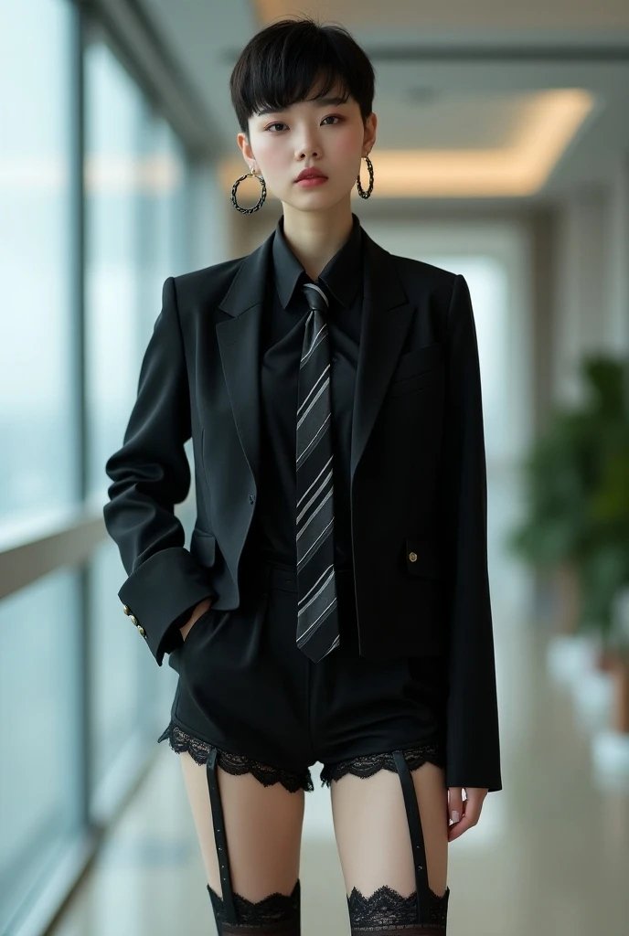 White delicate skin, young woman, brown hair, high ponytail, black stockings, full body, black high heels, open coat, white bra, two-dimensional, 8K