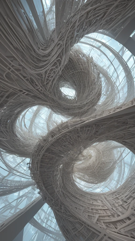 Architectural structures merging organic and mechanical elements. Fluid lines and metallic textures create a futuristic environment, simultaneously lively and artificial.,(gric style:1.15),hyperrealistic,