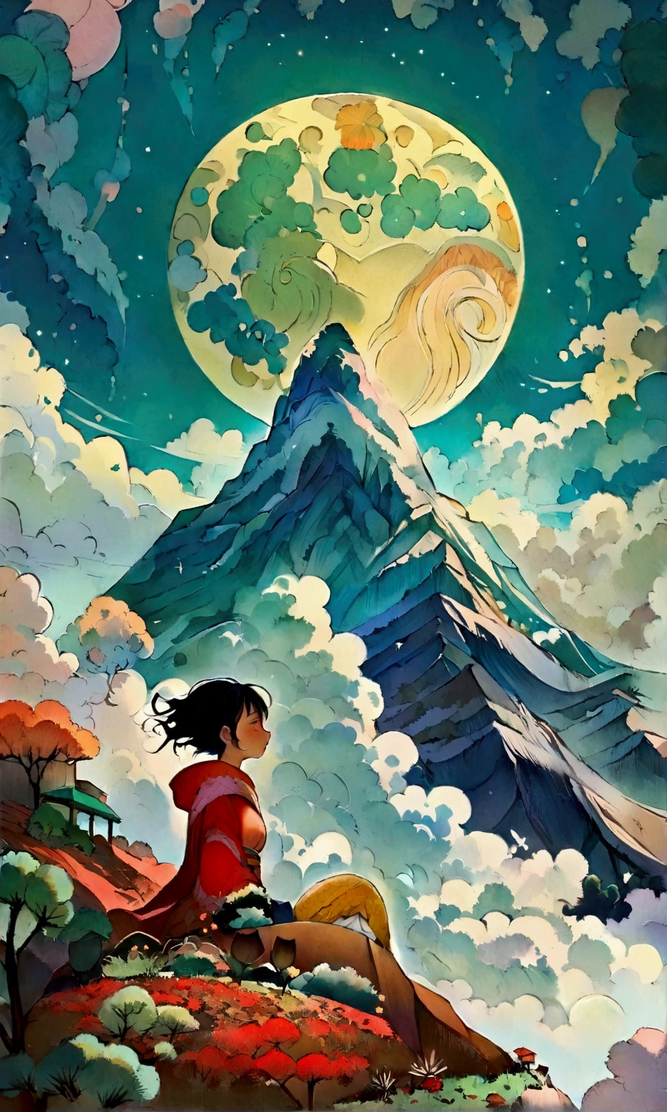 The digital painting showcases a gigantic woman resting elegantly on a miniature mountain range beneath the glow of a full moon. The clouds wrap around her like delicate blankets, and a small mountain serves as her pillow, creating an otherworldly and tranquil scene. The composition blends the Juxtapoz aesthetic and lowbrow pop surrealism, with influences from Japanese pop surrealism, while also incorporating the gentle, nostalgic style of Nankichi Niimi, adding a touch of traditional Japanese storytelling charm to the artwork.

The painting captures intricate textures and vivid colors, bringing a hyperrealistic quality to the fantasy setting, as the moonlight casts a soft glow over the woman and the landscape. Her serene expression and flowing hair convey a sense of peace, with the miniature scale of the mountains and surrounding scenery emphasizing her colossal size. The scene is rich in detail, from the delicate cloud patterns to the shadows that enhance depth, combining influences 