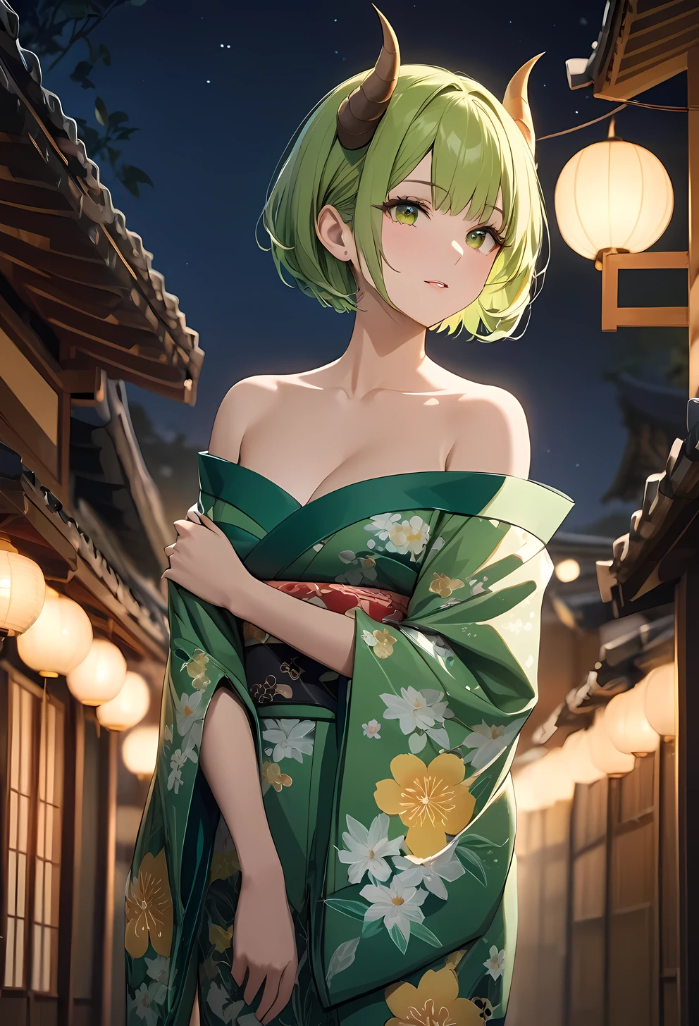 masterpiece, best quality, cinematic photo of a gorgeous woman in kimono, photograph, film, highres, Yellow green hair, short hair, Flower patterned kimono, horns grow from her forehead, Off-the-shoulder outfit, at night, moonlight, stars