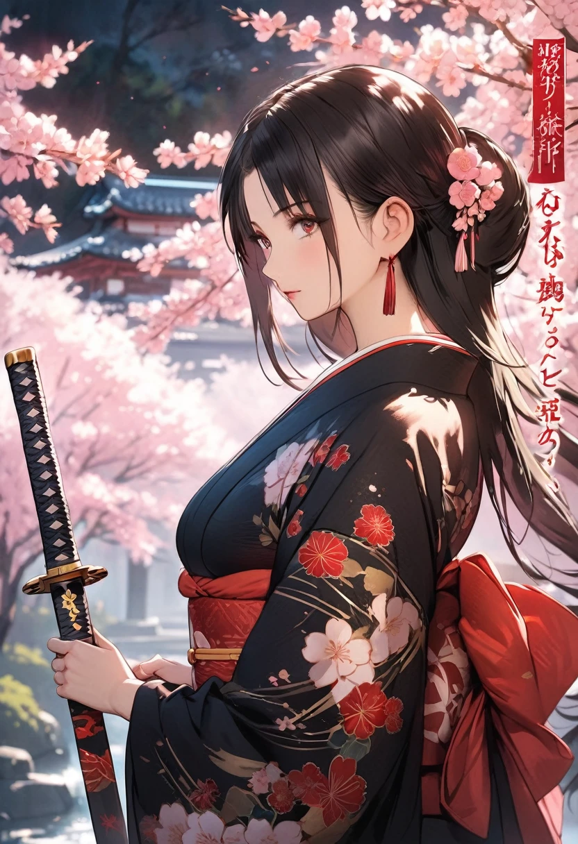 a beautiful woman with long dark hair, stunning detailed eyes, elegant facial features, wearing a black kimono, standing in a Japanese garden with cherry blossoms, (best quality,8k,highres,masterpiece:1.2),ultra-detailed, ntricate details,soft lighting,warm color tones,cinematic composition,digital painting,anime style, holding a katana, katana's with a X shaped tsuba,, katana fully into saya, detailed face, very detailed face, full body , side view, mature female, adult , Magazine cover , anime cover