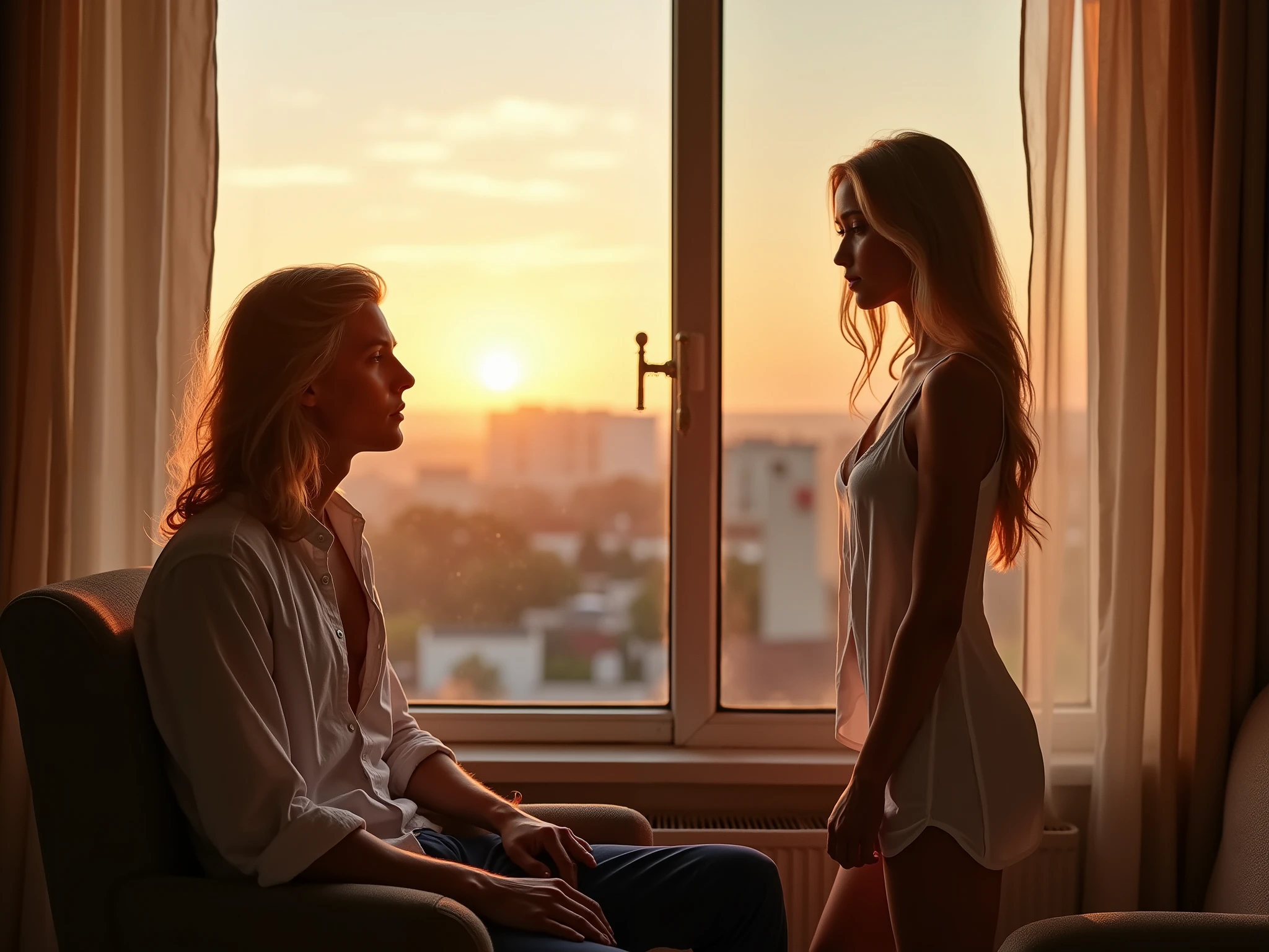 "A blonde, sensual woman sitting comfortably on a porch, engaged in a conversation with a neighbor. She has long, wavy hair, and is wearing a stylish, form-fitting outfit that accentuates her curves. The neighbor, a man in casual attire, is standing nearby, leaning slightly as they chat. The setting is a warm, late afternoon with soft sunlight casting gentle shadows, highlighting the relaxed and friendly atmosphere. The scene captures the warmth and connection between the two, with subtle flirtation in the woman's expression.