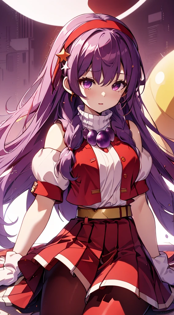 （masterpiece，top-quality，Best Quality，Official Art，Aesthetics and aesthetics：1.2），（ 1 girl：1.3），（ Fractal Art ：1.3），
solo， Athena 97， Red Pantyhose Features ，（Clevis：1.3）（Off-the-shoulder outfit：1.3）
Purple eyes， Purple Hair，  Long White Hair  ，Red Hairband， White High Neck Sweater ，White puffed sleeves， Red Pleated Skirt ，Yellow Belt， Purple Spherical Necklace ，Red fingerless gloves， Red Open Vest ，
Star Hair Accessories，耳Nipple Ring，Middle Braid ，Short sleeve，Lie down，Crossing your legs， Urban Backdrop