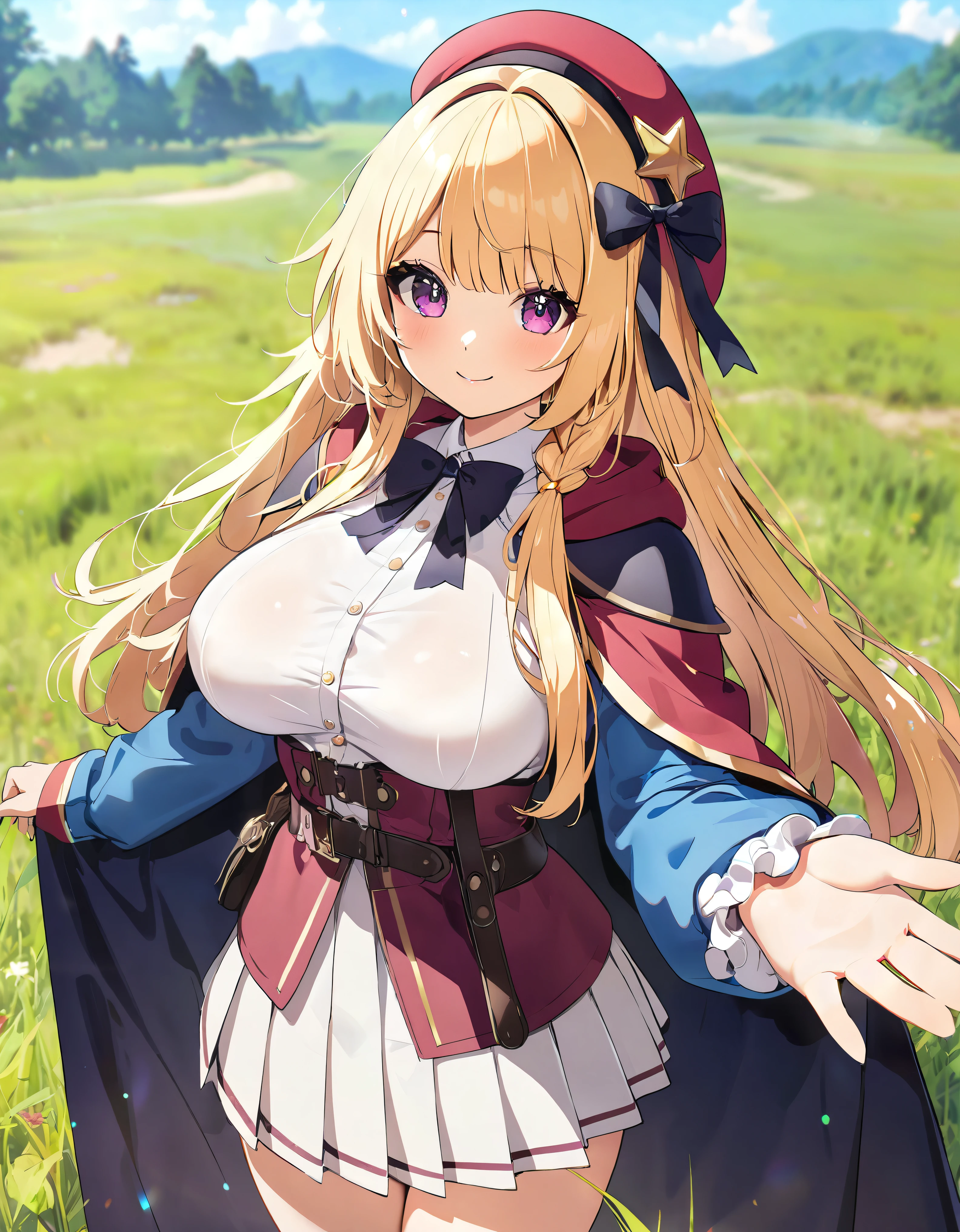 ((Ultra HD)), ((Super detailed)), ((Best Quality)), Blonde long hair, Asymmetrical bangs, KAWAII, happy smile, Big Breasts, breasts focus, Beret, Pleated mini skirt with lace, White Wizard, (baggy cloak), on grassland, (((Complete Hand))), amazing digital painting, ((depth of field, blurred background)), (anime moe art style),