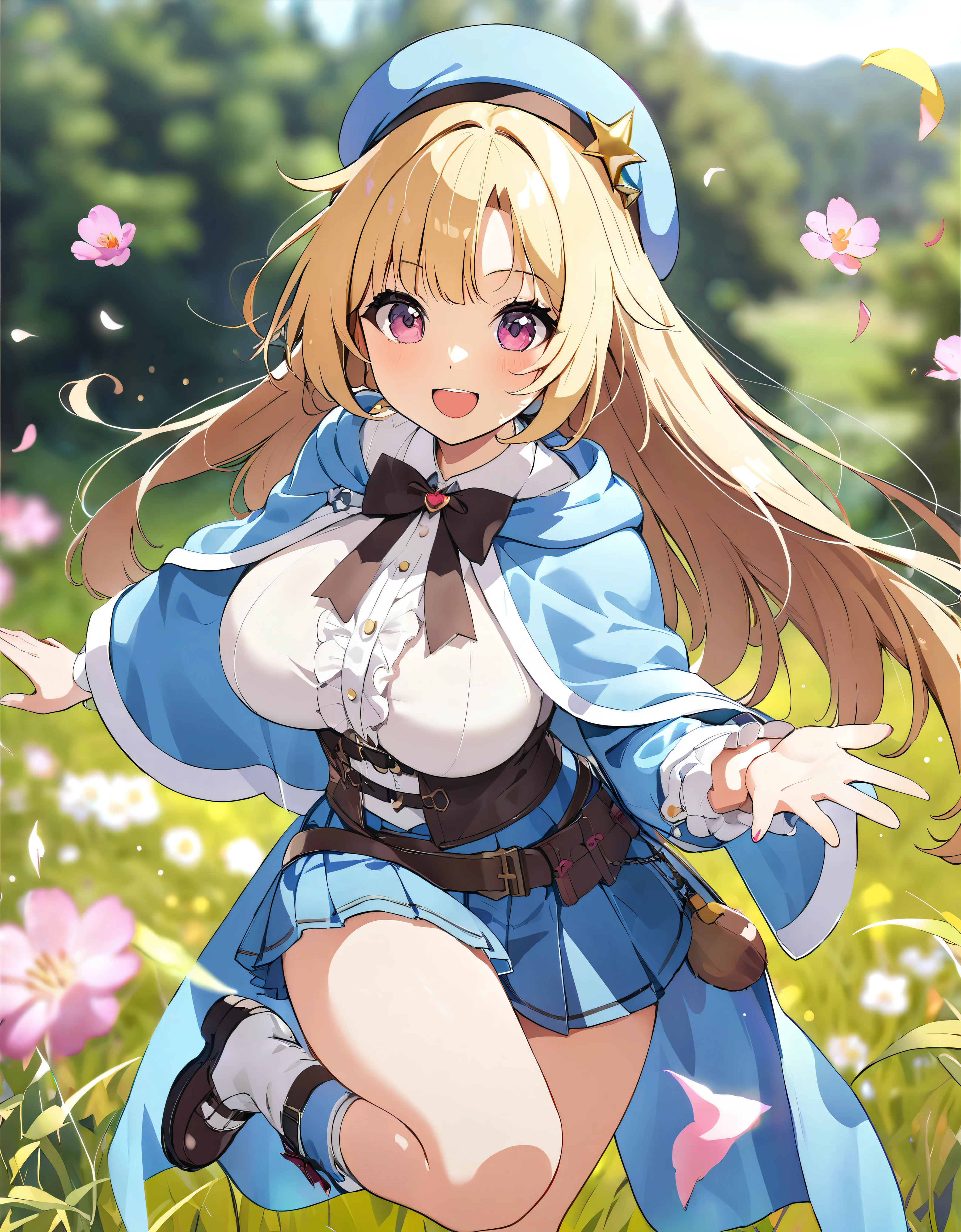 ((Ultra HD)), ((Super detailed)), ((Best Quality)), Blonde long hair, Asymmetrical bangs, KAWAII, happy smile, Big Breasts, breasts focus, Beret, Pleated mini skirt with lace, Wizard, White Wizard, (baggy cloak), jumping, on grassland, (((Complete Hand))), amazing digital painting, ((depth of field, blurred background)), (anime moe art style),