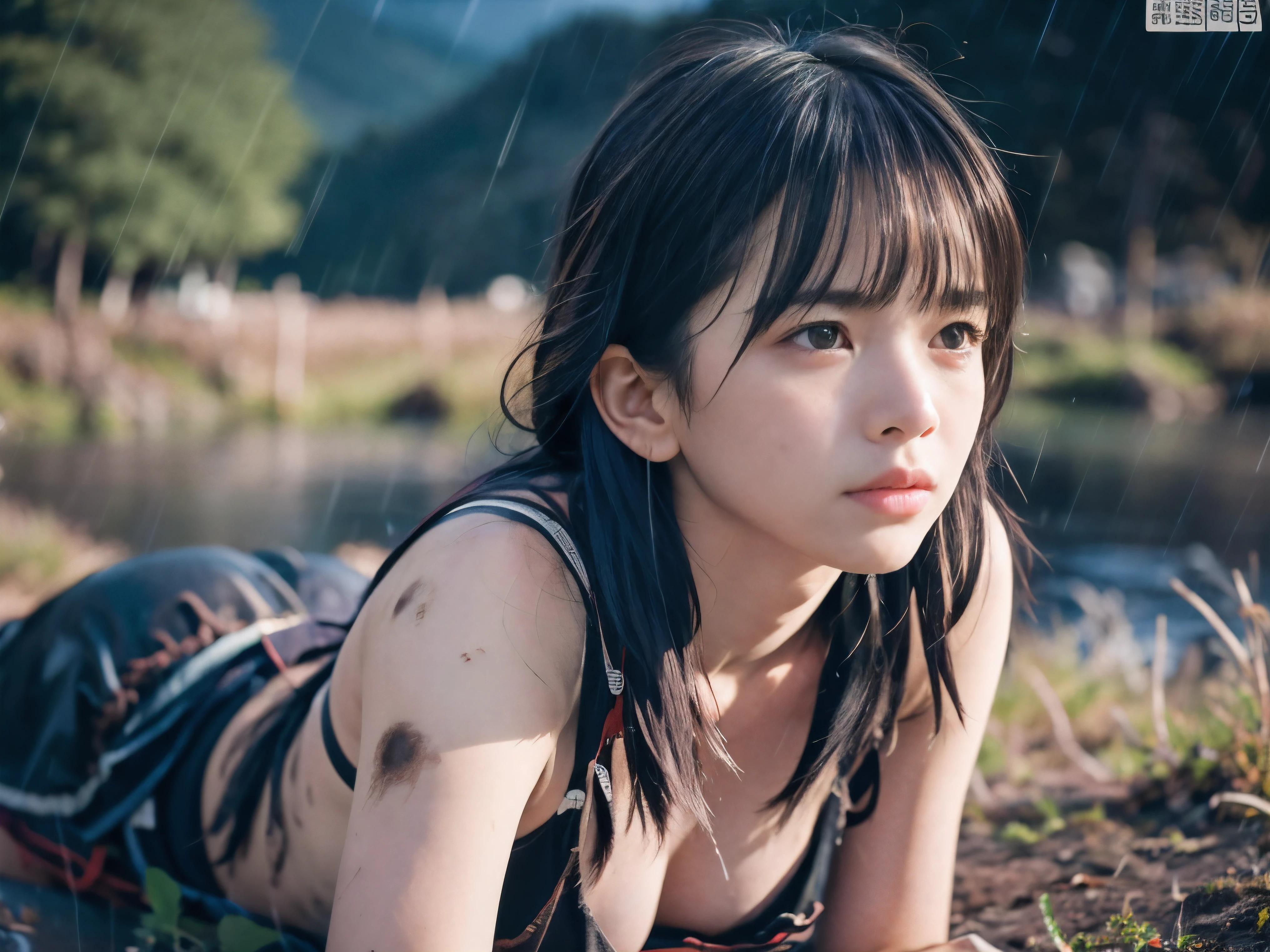 (Close up low angle shot of one naked slender small breasts two side up black medium hair with bangs girl in a samurai black armor:1.5)、(One naked girl is lying with her back behind on the wilderness land at the Sengoku period in Japan with crying dirty face:1.5)、(Heavy raining wilderness land:1.5)、(blurred background:1.5)、(Natural light:1.5)、(8k ultra detailed master piece:1.5)、(perfect anatomy:1.5)、(Photorealistic stick:1.5)、(Raw photo:1.3)、(highest quality:1.5)、(High resolution:1.3)、(Delicate and beautiful perfect face:1.3)、(Delicate and beautiful eye air skin:1.3)、(Real Human Skin:1.3)、((thin legs))