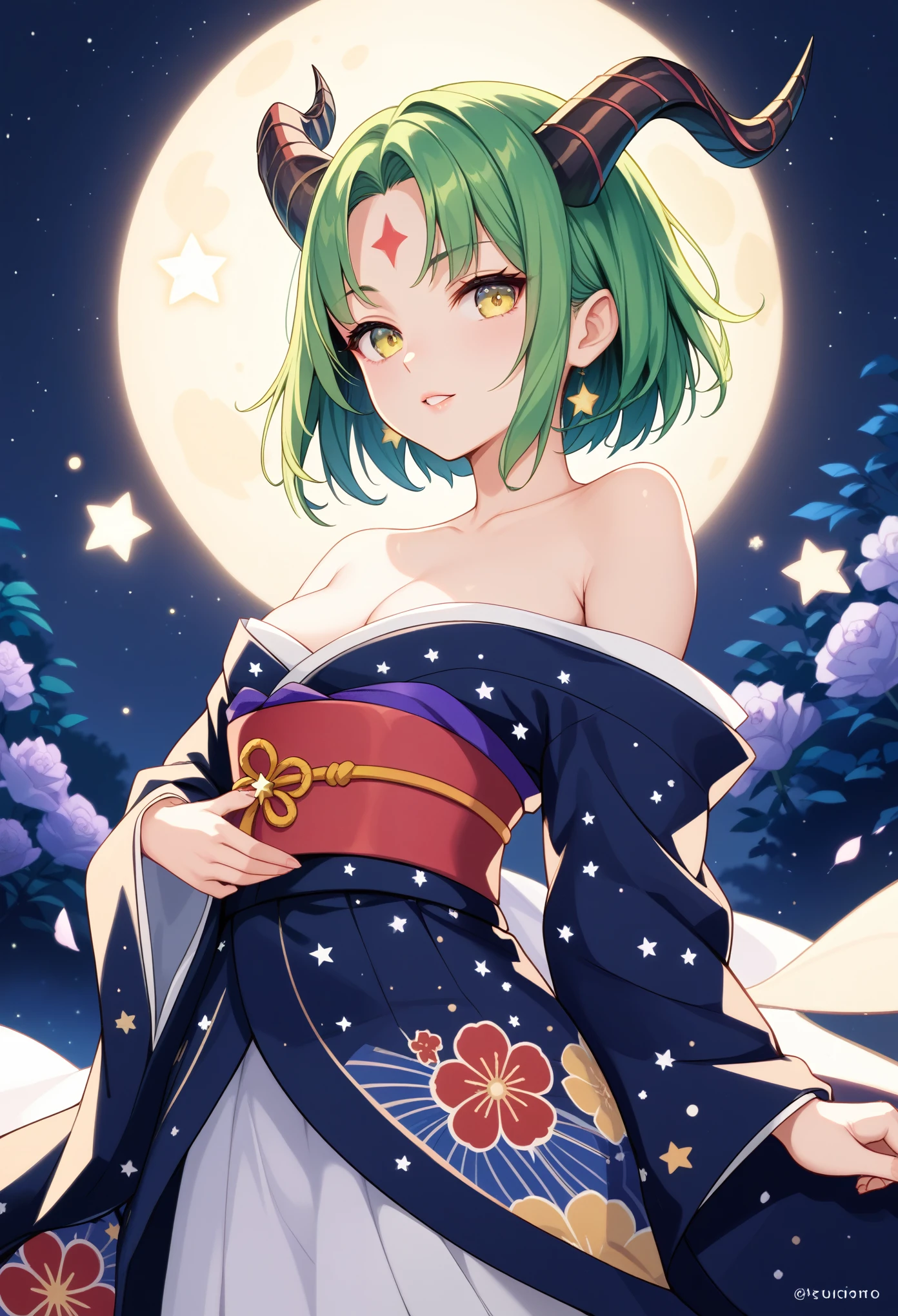 masterpiece, best quality, cinematic photo of a gorgeous woman in kimono, photograph, film, highres, Yellow green hair, short hair, Flower patterned kimono, horns grow from her forehead, Off-the-shoulder outfit, at night, moonlight, stars, girl, teenager