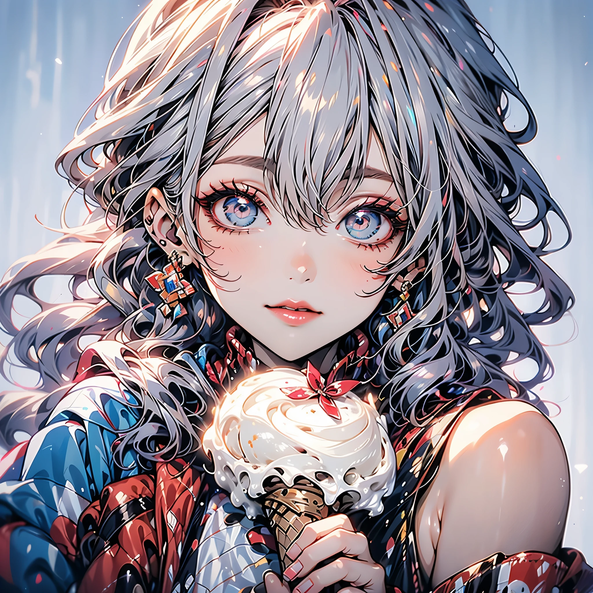 Close-up of a person holding an ice cream cone,  cute girl , Woman with wavy silver hair, bangs, Bright Blue Eyes, Red lips, Soft green dress,