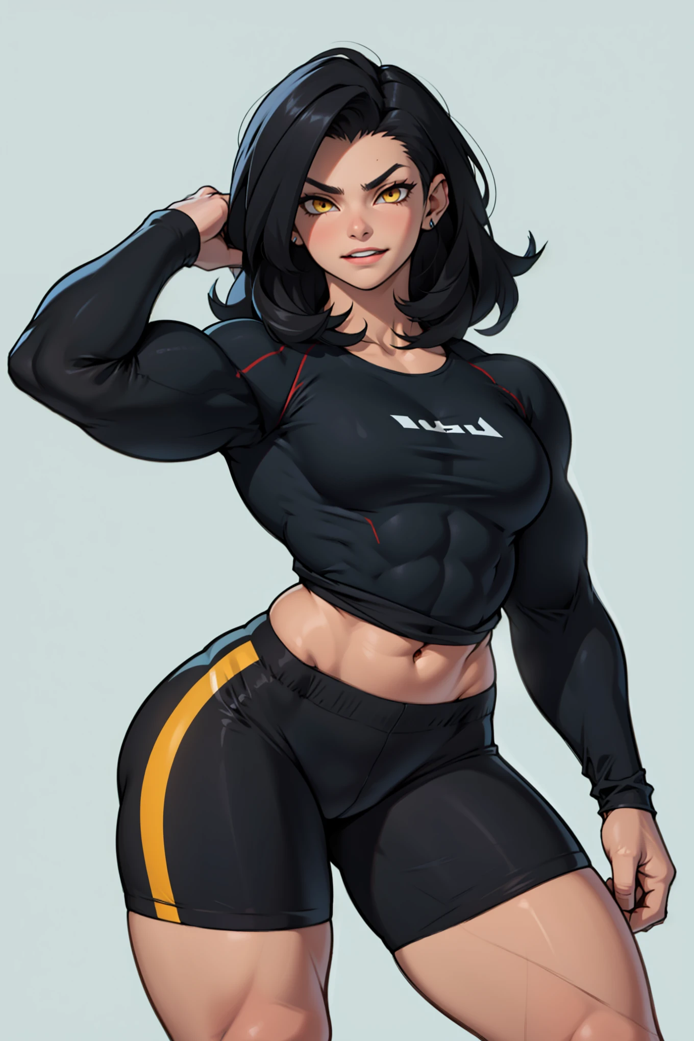1girl (((muscular toned body))) huge breasts thick thighs wide hips curvy abs black hair yellow eyes very long hair pale skin voluptuous angry blush leggings tight shirt long sleeve