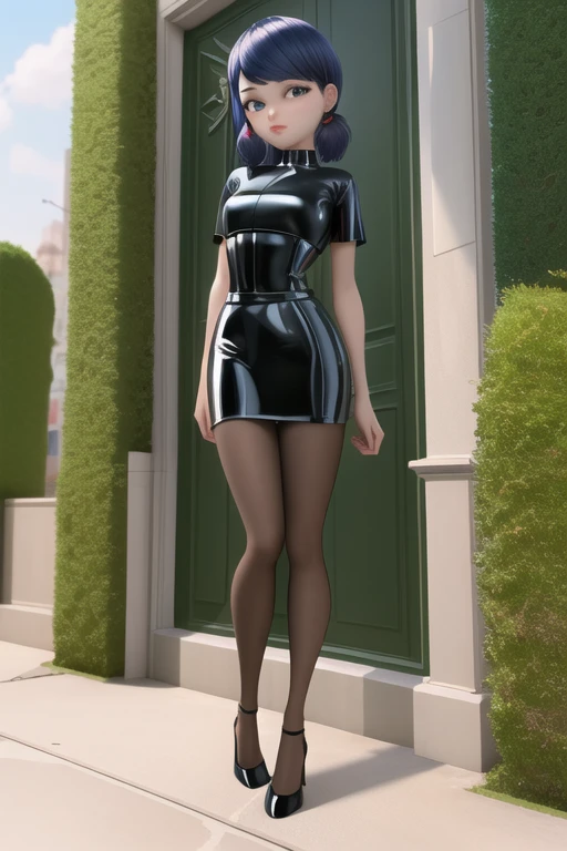 (masterpiece,    better quality), (One),   1girl, cute face, adult torso  , black latex top ,    short black latex skirt ,  lacquered high-heeled pumps  , , full body, , standing, full length, 