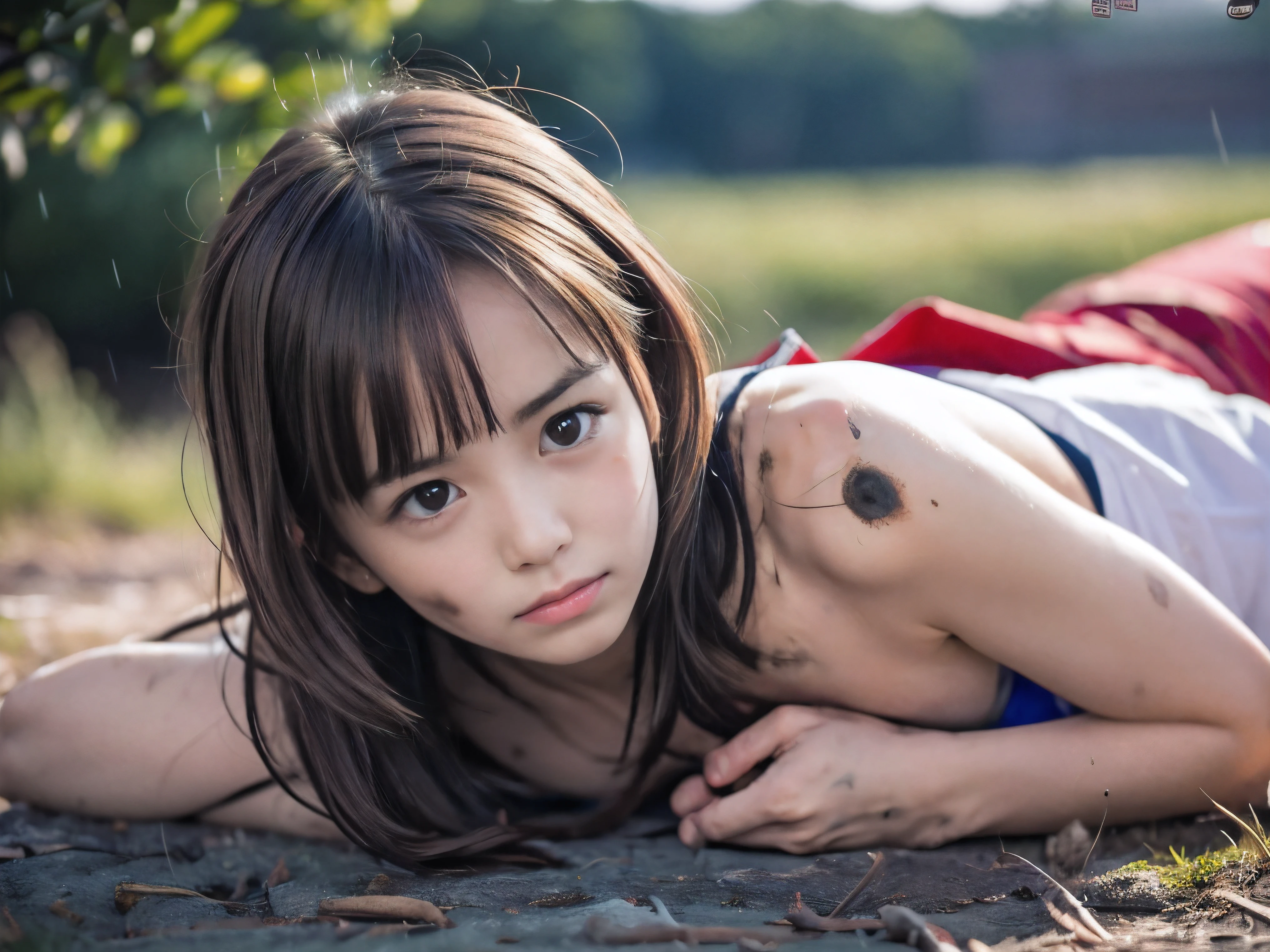 (Close up low angle shot of one naked slender small breasts red brown wavy long hair with dull bangs girl in a samurai red armor:1.5)、(One naked girl is lying with her back behind on the wilderness land at the Sengoku period in Japan with crying dirty face:1.5)、(Big fire and smoke on the wilderness land with red sky:1.5)、(blurred background:1.5)、(Natural light:1.5)、(8k ultra detailed master piece:1.5)、(perfect anatomy:1.5)、(Photorealistic stick:1.5)、(Raw photo:1.3)、(highest quality:1.5)、(High resolution:1.3)、(Delicate and beautiful perfect face:1.3)、(Delicate and beautiful eye air skin:1.3)、(Real Human Skin:1.3)、((thin legs))