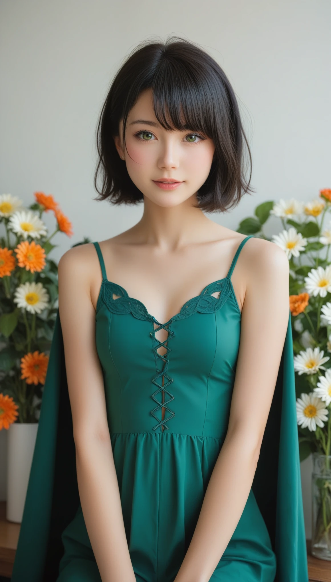 Ivyの貼ったWhite wall、White wall、White wallの前に花束を持った女性が立っている, very cute 、r, slim、Looking thin、super cute girl、 Black Hair、short hair, Short Bob、Assertive tits、Lo-fi Girl, Ivy, wearing blue-Green clothes, With flowers, Low-quality photos, Cape, Green clothes, photo shoot, Smooth input _ background, Lo-fi Girlのaesthetics, 🤤 Portrait of a Girl, beautiful!!, Wear it for a long time,  Relaxed Outfit ,  Relaxed Posture , aesthetics