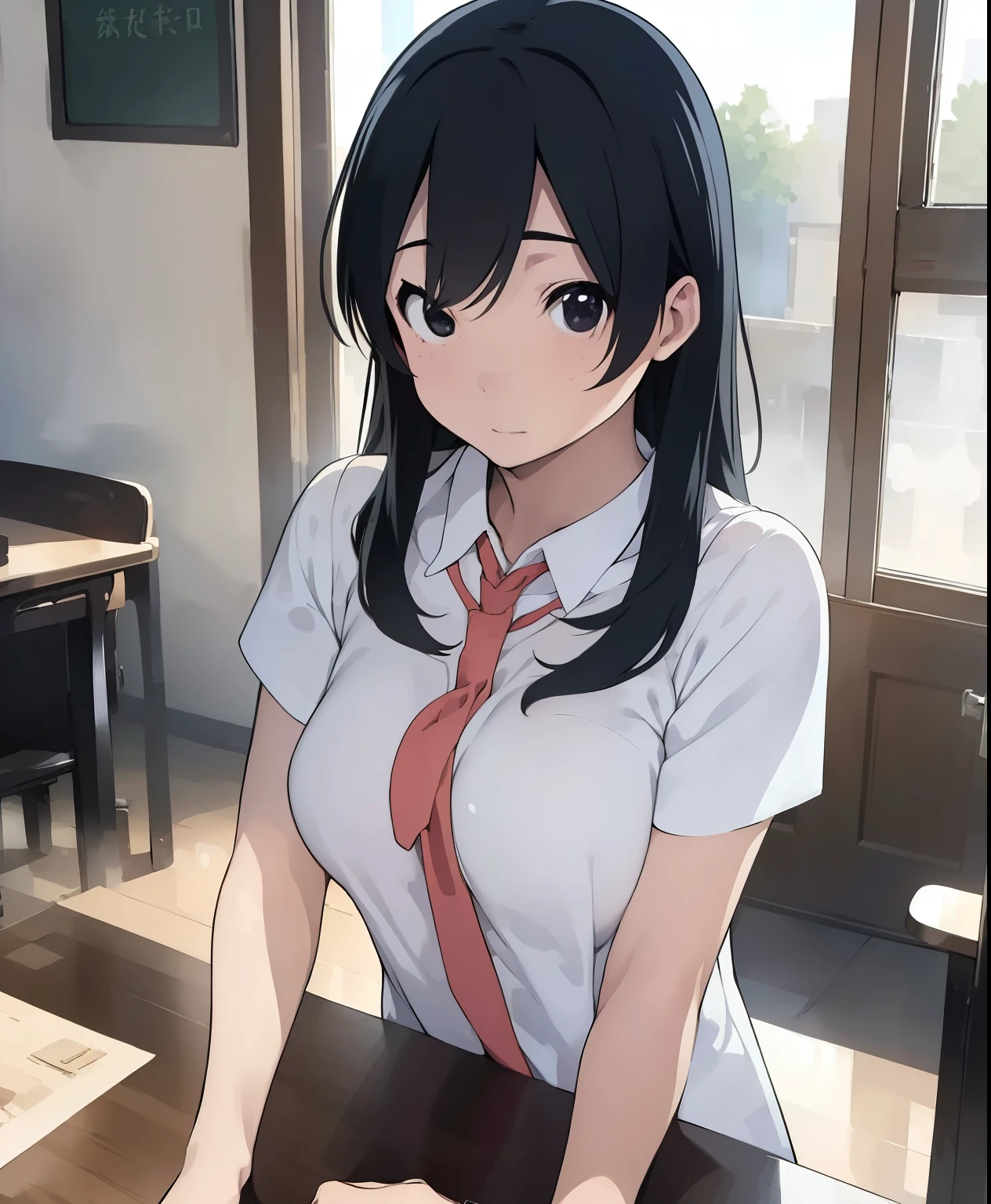(masterpiece、Best Quality、Best Quality、Official Art、Beautiful and beautiful:1.2)、(One person:1.3),Beautiful breasts,Long black hair、Chairman、classroom、Make a fuming