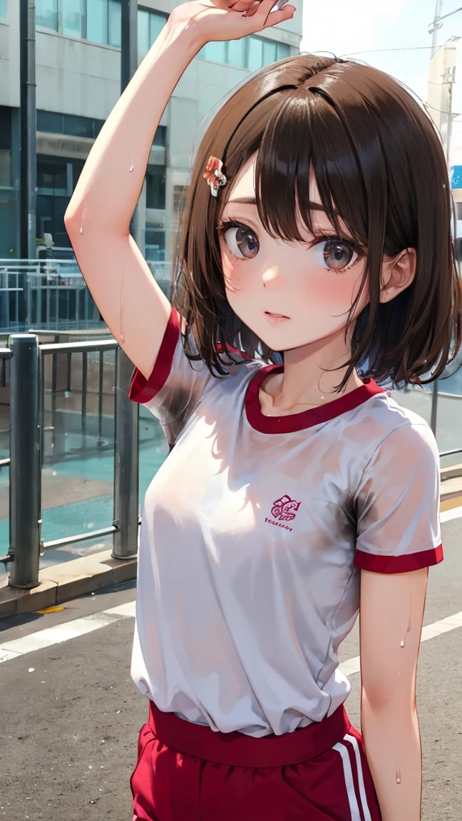 At school, Junior high school students、physical education、 cute girl , Brown Hair、 short hair,  hairpin、Gym clothes、 white t-shirt,  Super detailed, 4K、sweat、Body odor、Wet Skin、