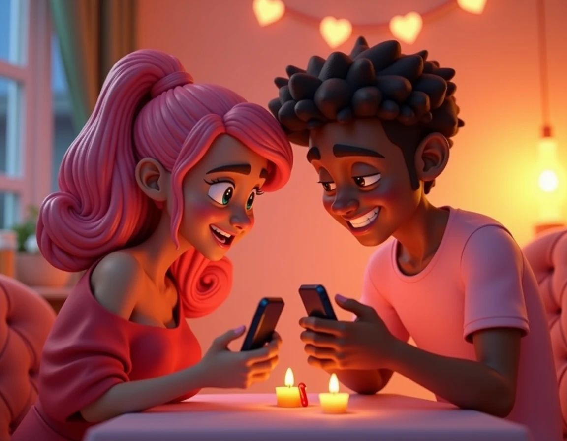 Couple sharing gifts on the bed, smiling happily, inside the gift box is a glowing logo, the logo is in the shape of a knife and a fork, the gift box is written "DD&XX", the characters are all black hair, warm light --auto --s2