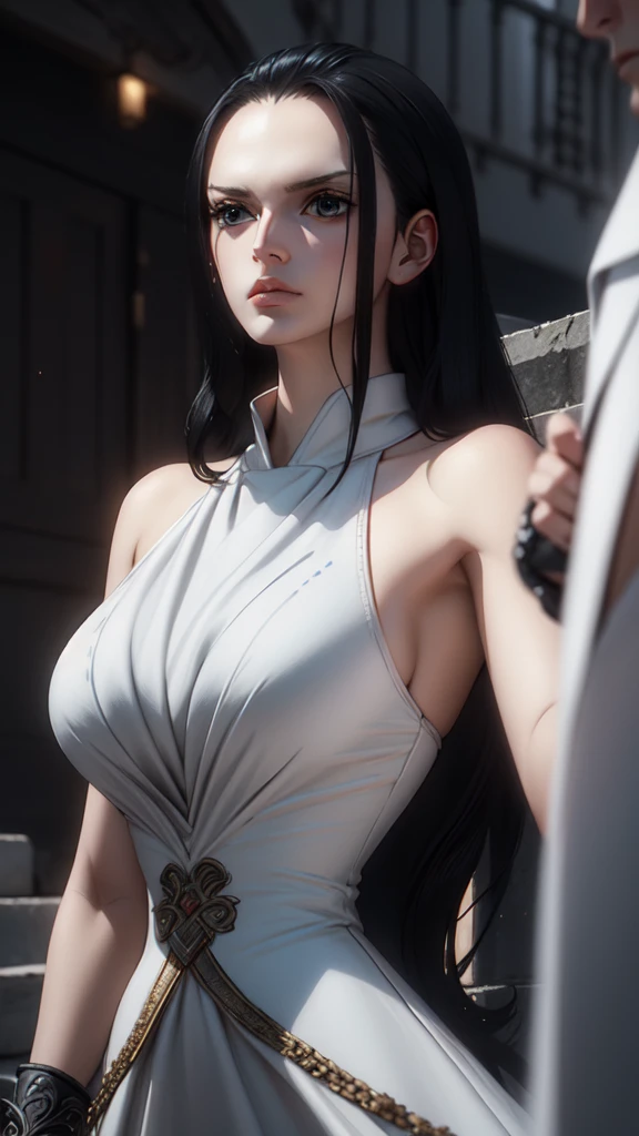 1 beautiful woman, fair skin, long dark hair, ponytail, ((blue eyes, detailed eyes:1.2)), medium breasts, wearing translucent white toga, sleeveless, sideboob, elegant, sensual, (masterpiece, top quality, best quality, official art, beautiful and aesthetic:1.2), extreme detailed, colorful, highest detailed, unreal engine 5, 8k