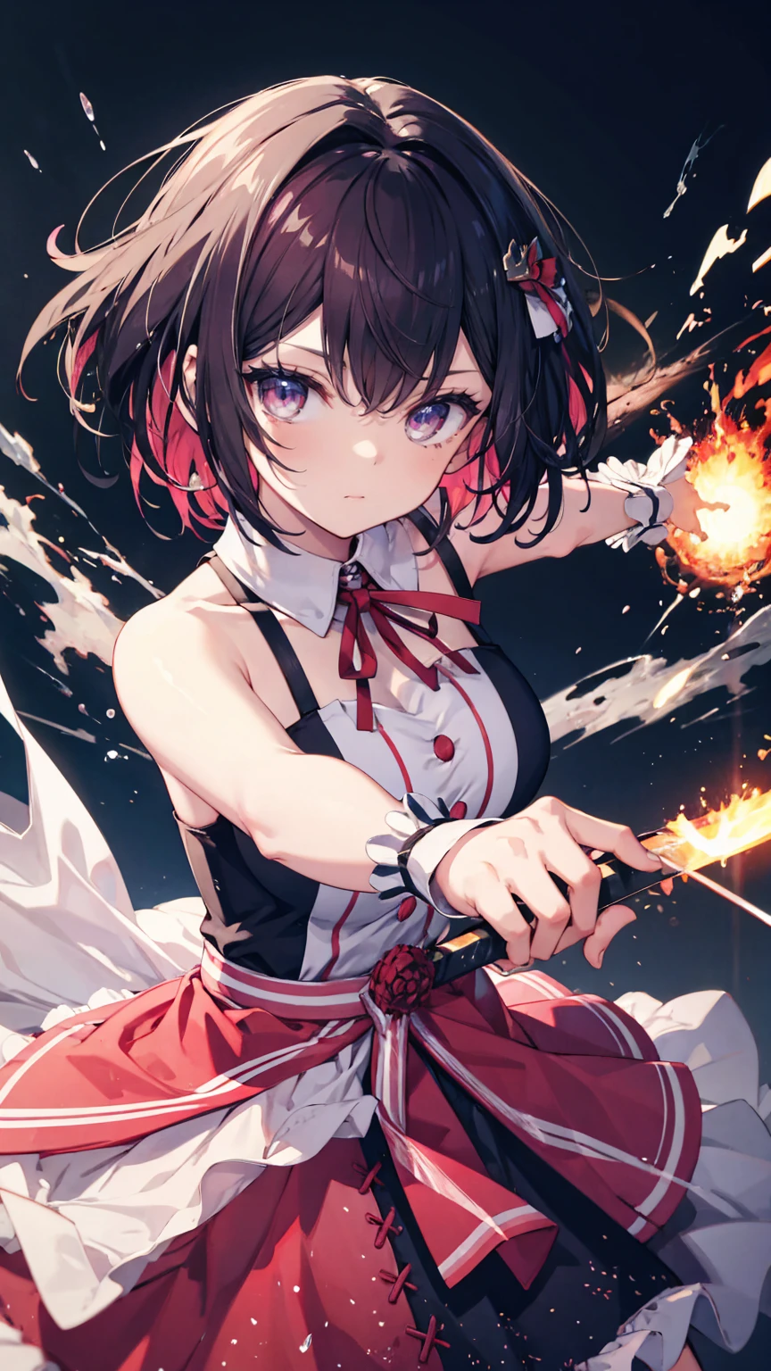 (masterpiece), Best Quality, Expressive eyes,  perfect face, Super detailed,  1 girl, Alone, a goddess holding a Giant Sword,Flaming Sword, Combat Stance, Dynamic Angle, [attack battle form, Giant Swordを持っている, Elusive , [attack,Glare,  Weapon close-up, Giant Sword, Luxurious sword, Full of energy, The sky splits, Thunder and lightning, Planet Explosion, azki_(hove), 1girl, idol clothes, pink hair, black hair, wrist cuffs, colored inner hair, multicolored hair, sleeveless, short hair, purple eyes, ribbon, pink skirt, dress, large breasts,crazy eyes,