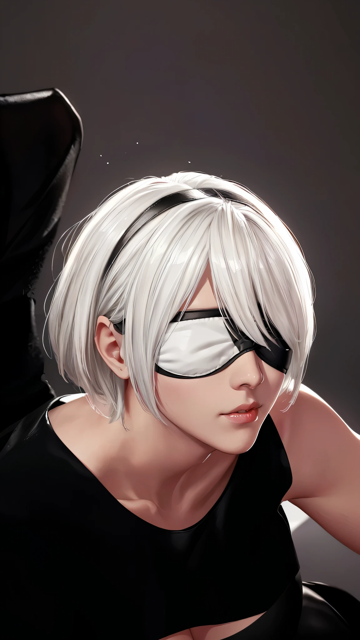 (((figure,御姐figure,White and tender skin,((black skirt,))),(((n_2b,Blindfold, black eye mask, with short white hair,Wears a black eye patch,))),,((masterpiece)),highres,((Best quality at best)),masterpiece,quality,Best quality,((( Exquisite facial features,For the audience,))),Huge breasts,)))