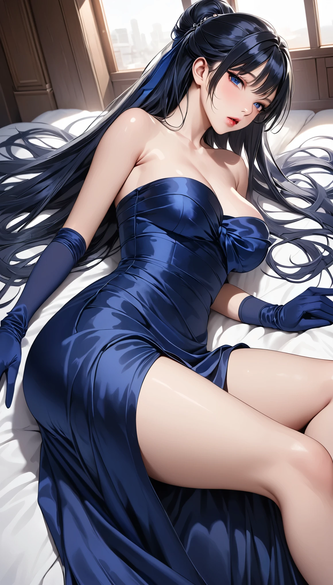 (masterpiece,Best Quality,Ultra-high resolution),Inside the Western-style building,One Japanese woman,In heat,A seductive and alluring expression,Her beautiful black hair is tied back,bangs,Baby Face,Pursing his lips,
 (((Very beautiful 20 year old))),Big Breasts、Beautiful nipples、 topless、(Navy blue satin long dress with tube top:1.5),(Tight fit),
Bodyline,(Satin Opera Gloves:1.8),Knee-high boots,Satin has a very strong luster,Show your back,I'm lying face down on the bed with my upper body,  the buttocks are sticking out