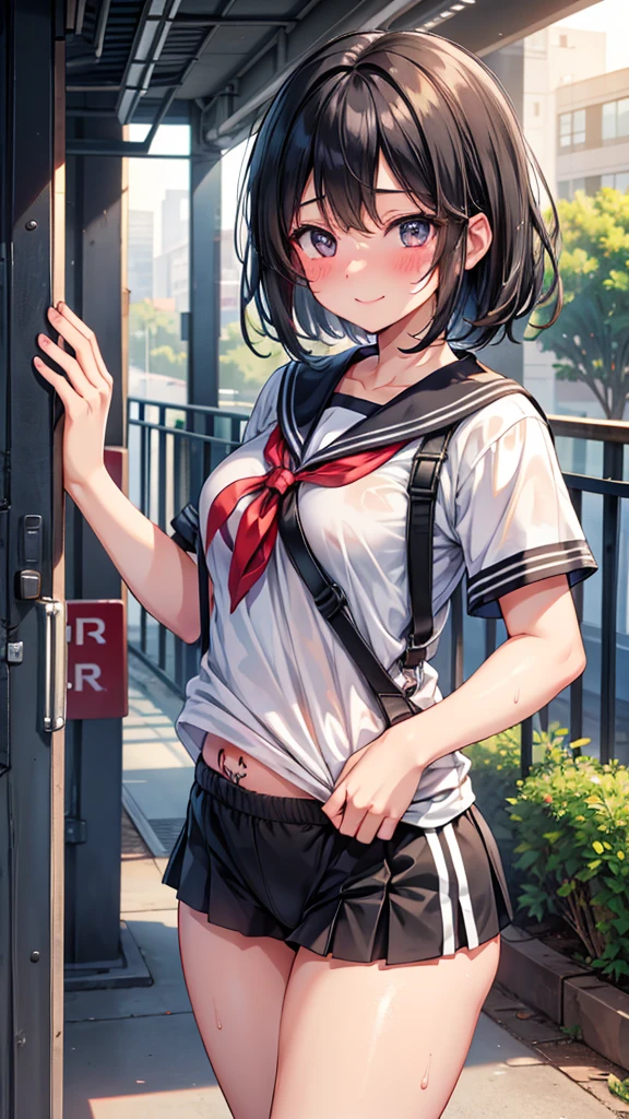 (8K、Highest image quality、highest quality、masterpiece)、detailed face、((one loli))、black hair、short twintails、gray eyes、evil smile、((grin))、small breasts、((serafuku))、short sleeve、((black miniskirt))、((pink panties pull))、((bent over:1.2))、((pose panty pull))、cowboy shot、back alley background

