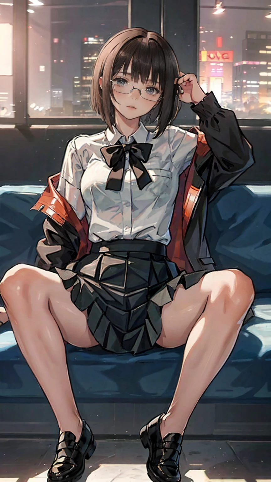 an anime girl with Glasses and a skirt sits on ground and poses, 1 girl , Alone, skirt, Have, shirt, white shirt, pantyhose, Red eyes, Glasses, Black Hair , shoes, red skirt, Check pattern skirt, Viewers, Open clothes, Check pattern, collared shirt, , Long sleeve, Mouth closed, Sitting, black pantyhose, indoor, bangs, short hair, 黒縁Glasses, Brown Jacket, Off the shoulder,Add XL @Sparkling
